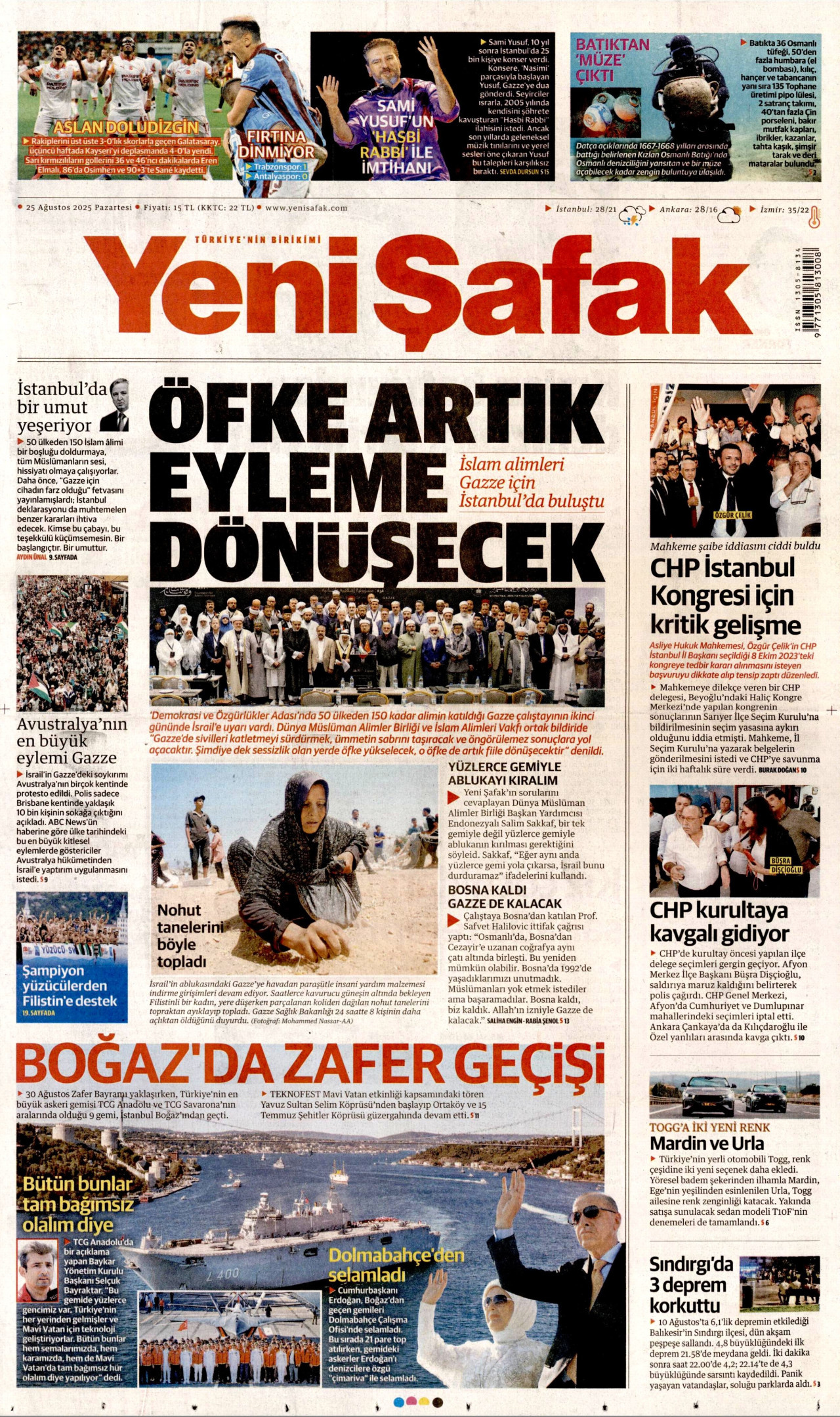 YENİ ŞAFAK gazetesinin 25 Ağustos 2025 tarihli birinci sayfası