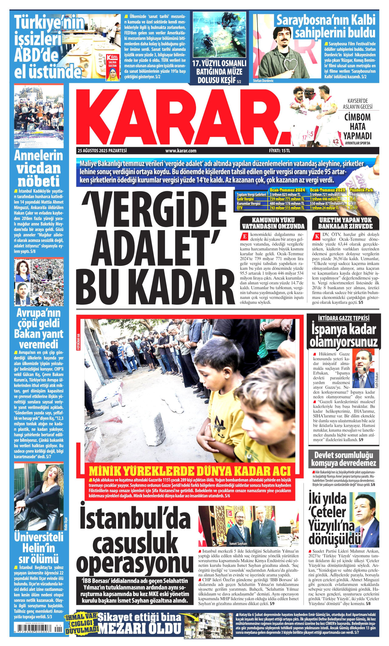 KARAR gazetesinin 25 Ağustos 2025 tarihli birinci sayfası