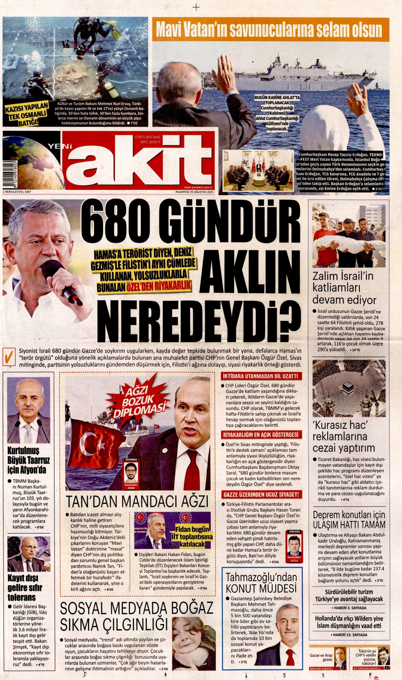 YENİ AKİT gazetesinin 25 Ağustos 2025 tarihli birinci sayfası