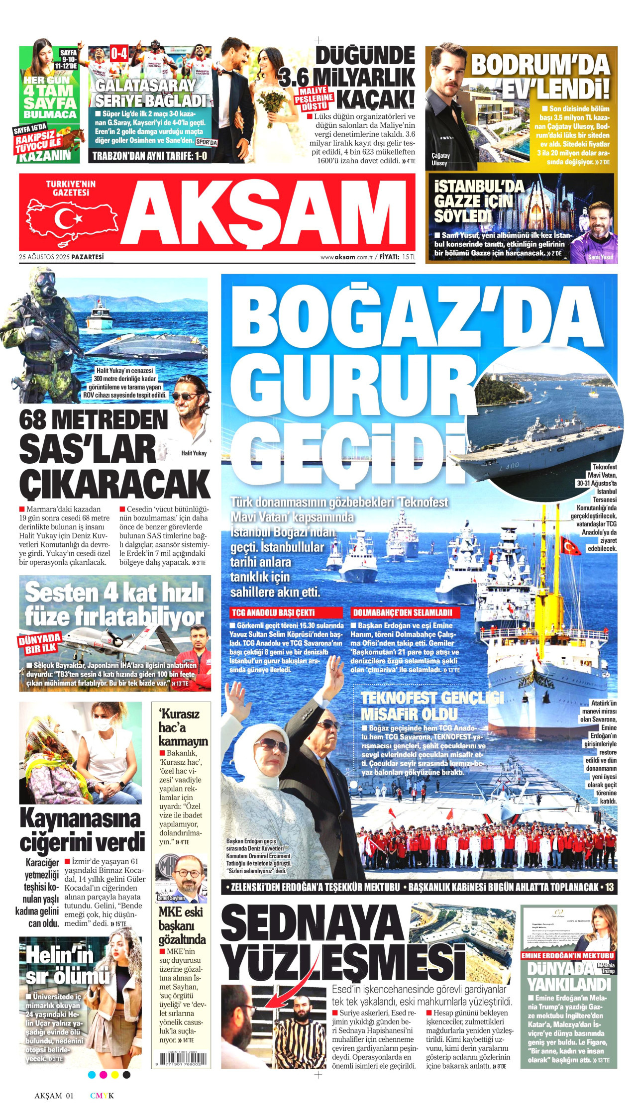 AKŞAM gazetesinin 25 Ağustos 2025 tarihli birinci sayfası