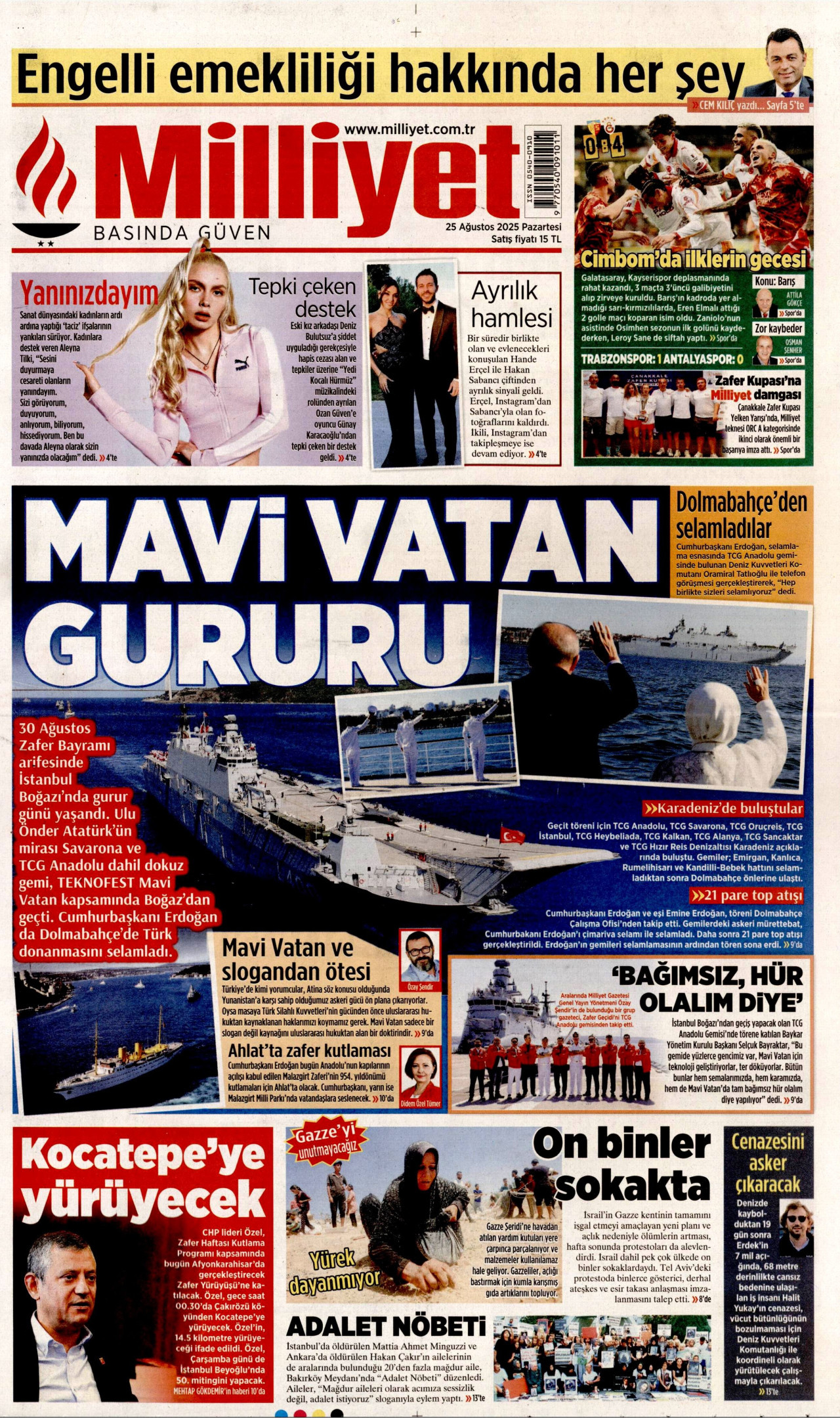 MİLLİYET gazetesinin 25 Ağustos 2025 tarihli birinci sayfası