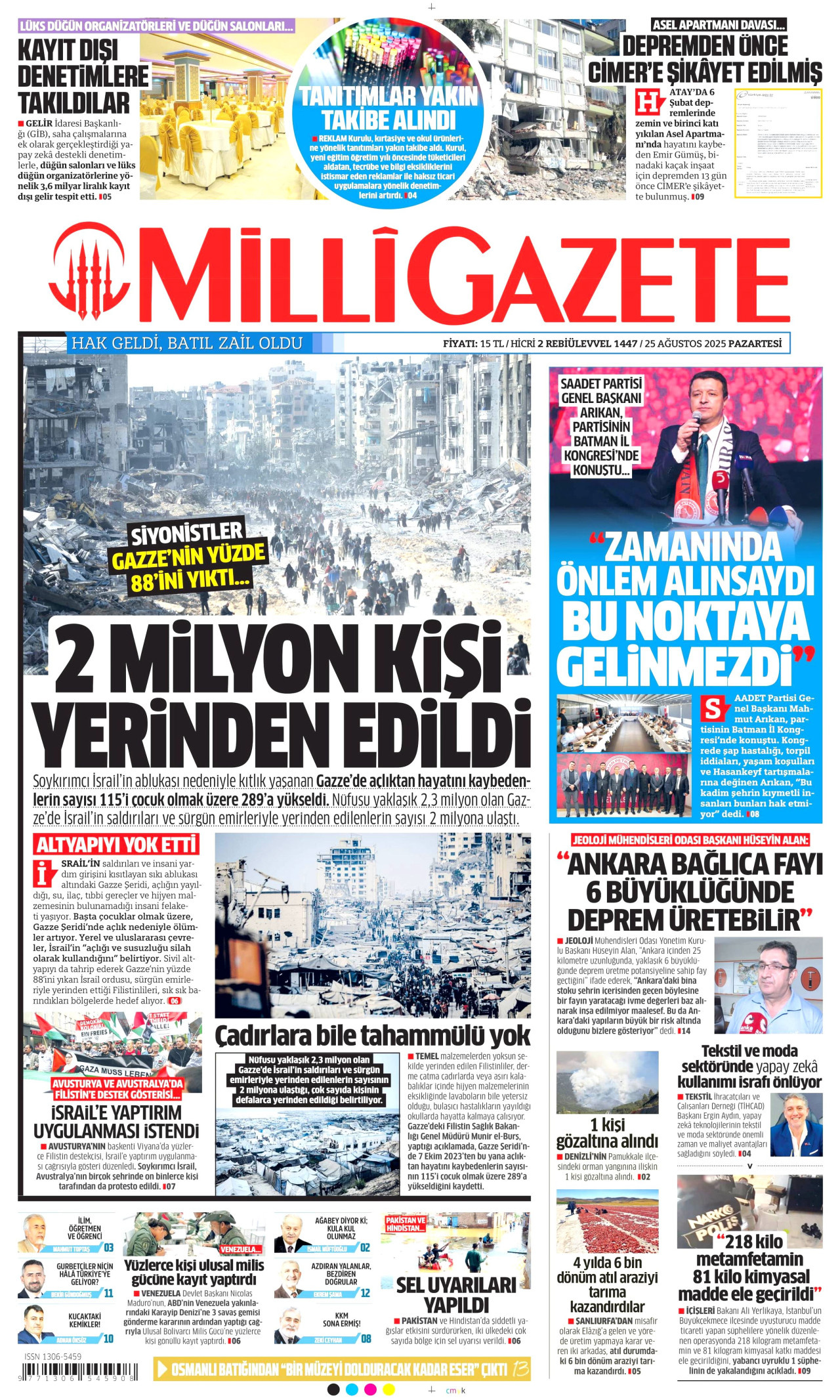 MİLLİ GAZETE gazetesinin 25 Ağustos 2025 tarihli birinci sayfası