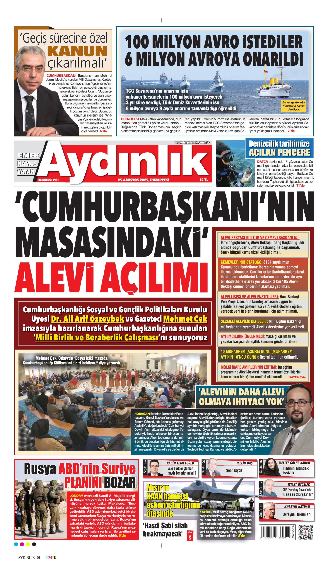 AYDINLIK GAZETESİ gazetesinin 25 Ağustos 2025 tarihli birinci sayfası