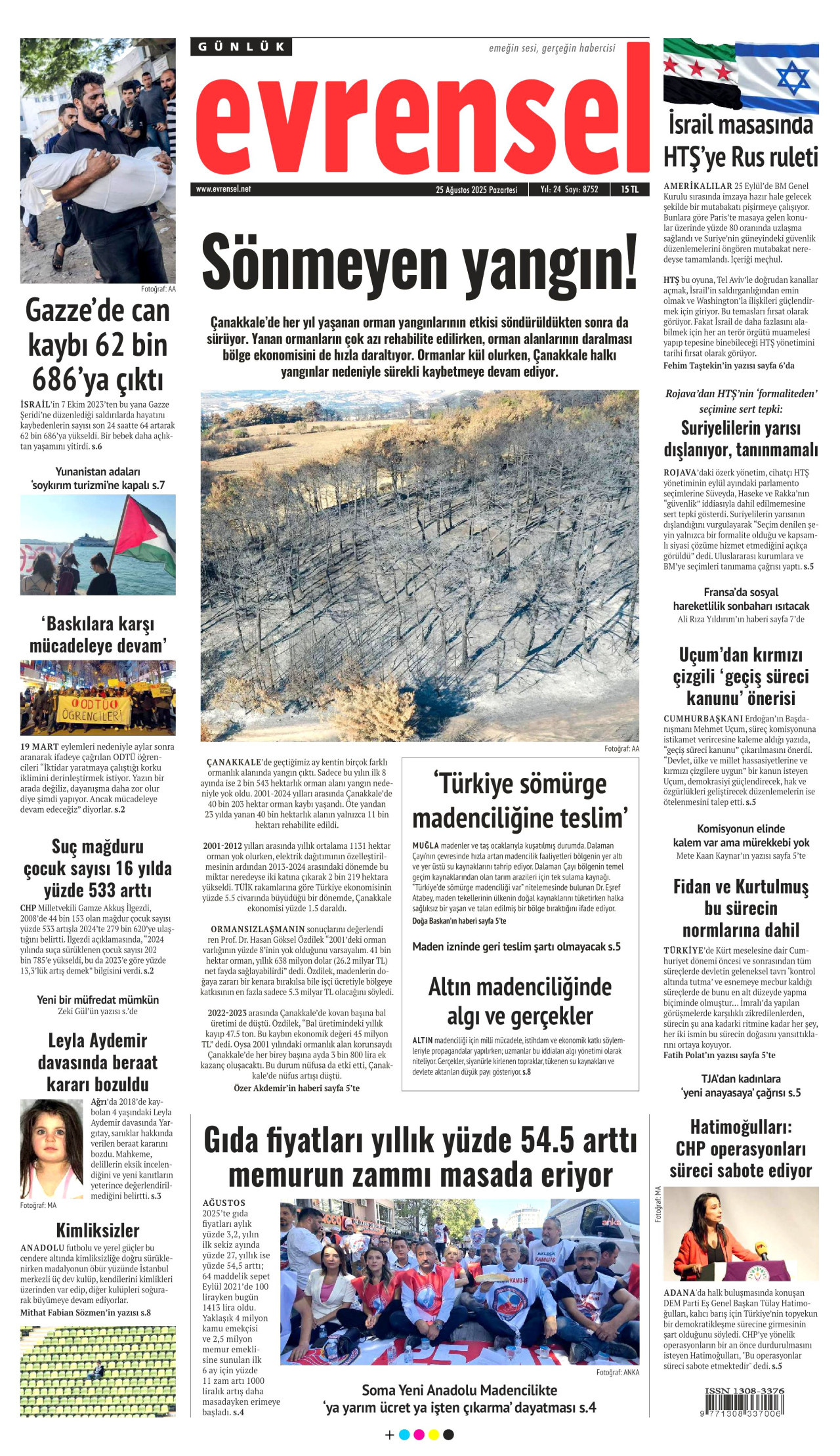 EVRENSEL gazetesinin 25 Ağustos 2025 tarihli birinci sayfası