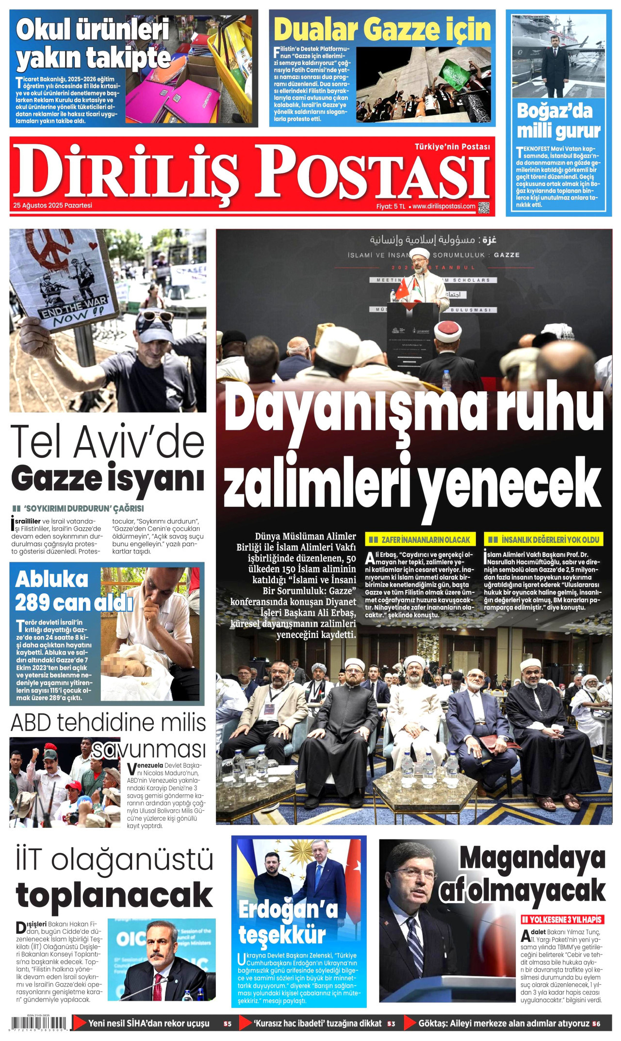 DİRİLİŞ POSTASI gazetesinin 25 Ağustos 2025 tarihli birinci sayfası