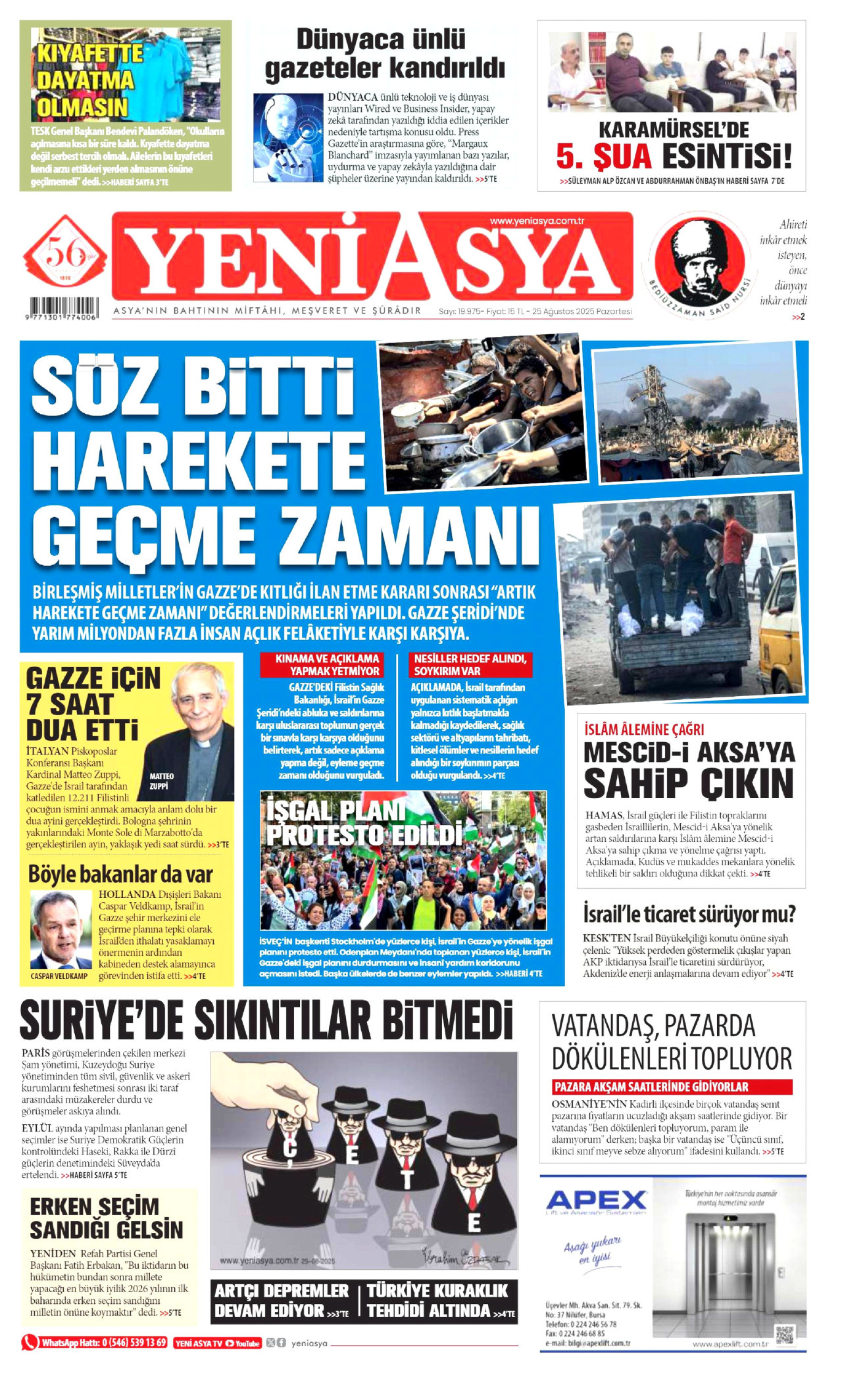 YENİ ASYA gazetesinin 25 Ağustos 2025 tarihli birinci sayfası