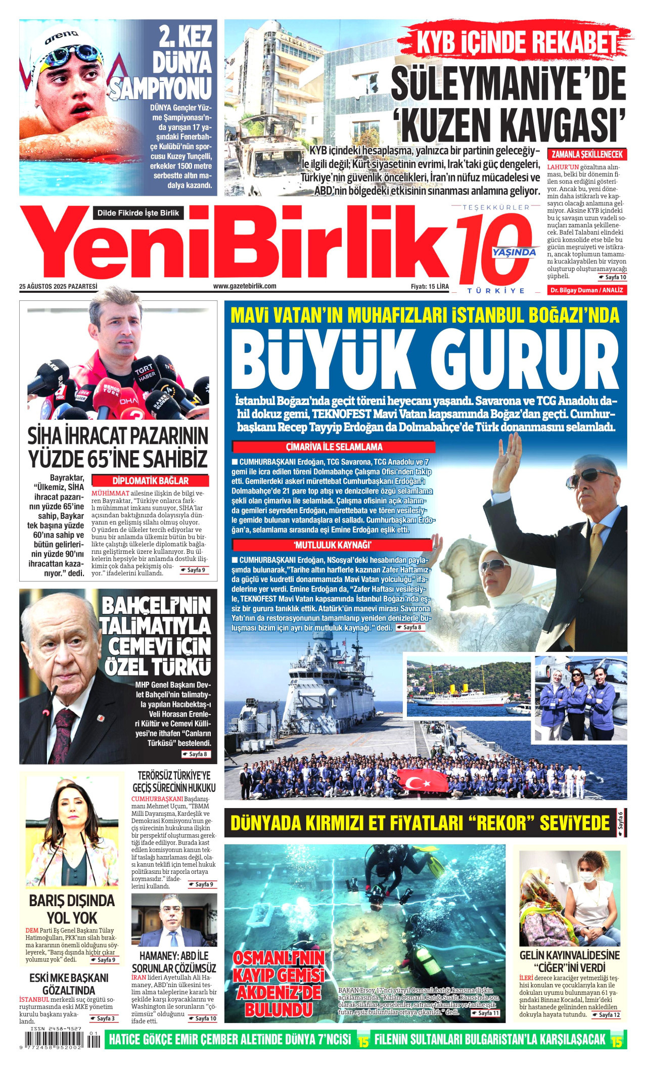 YENİBİRLİK gazetesinin 25 Ağustos 2025 tarihli birinci sayfası
