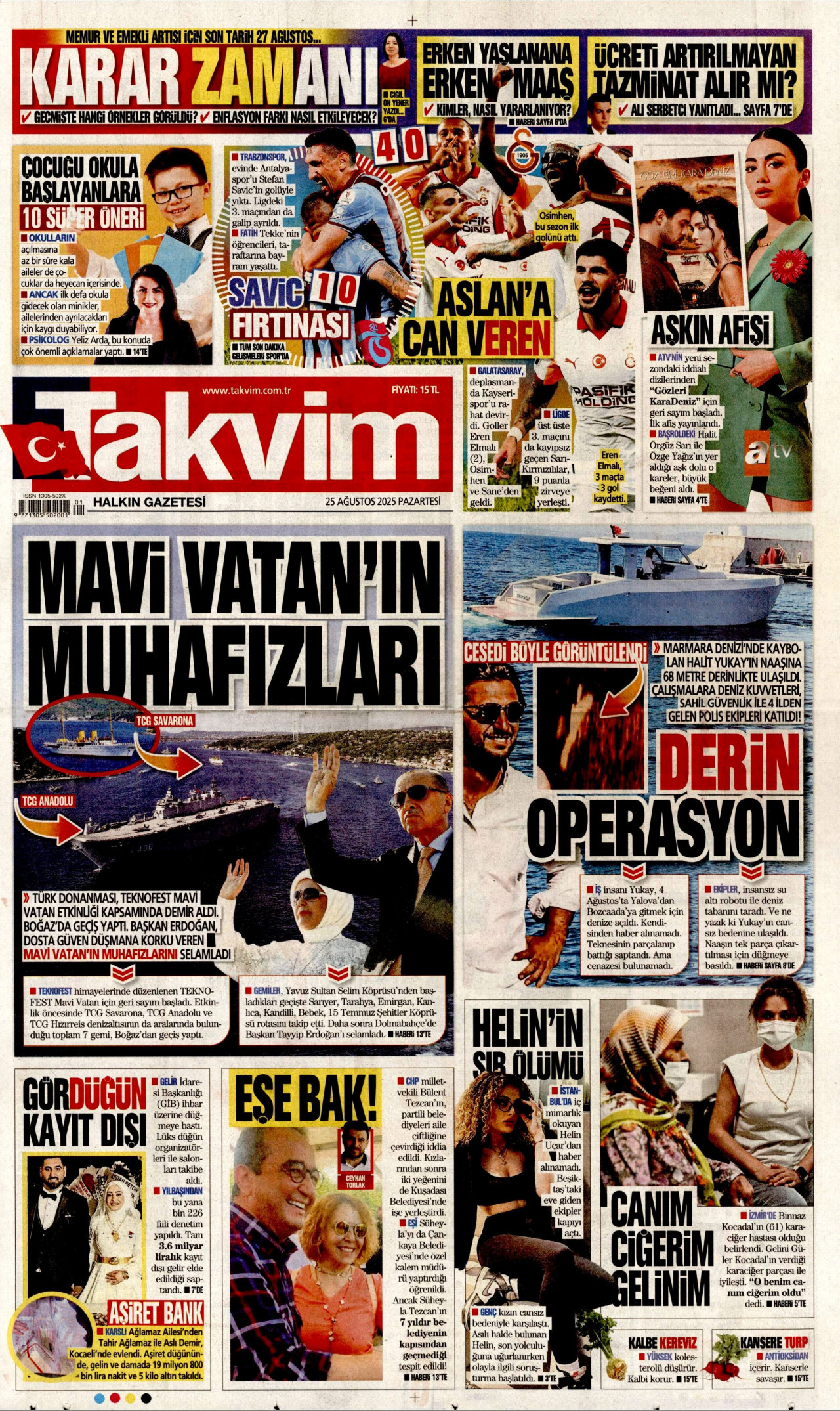 TAKVİM gazetesinin 25 Ağustos 2025 tarihli birinci sayfası