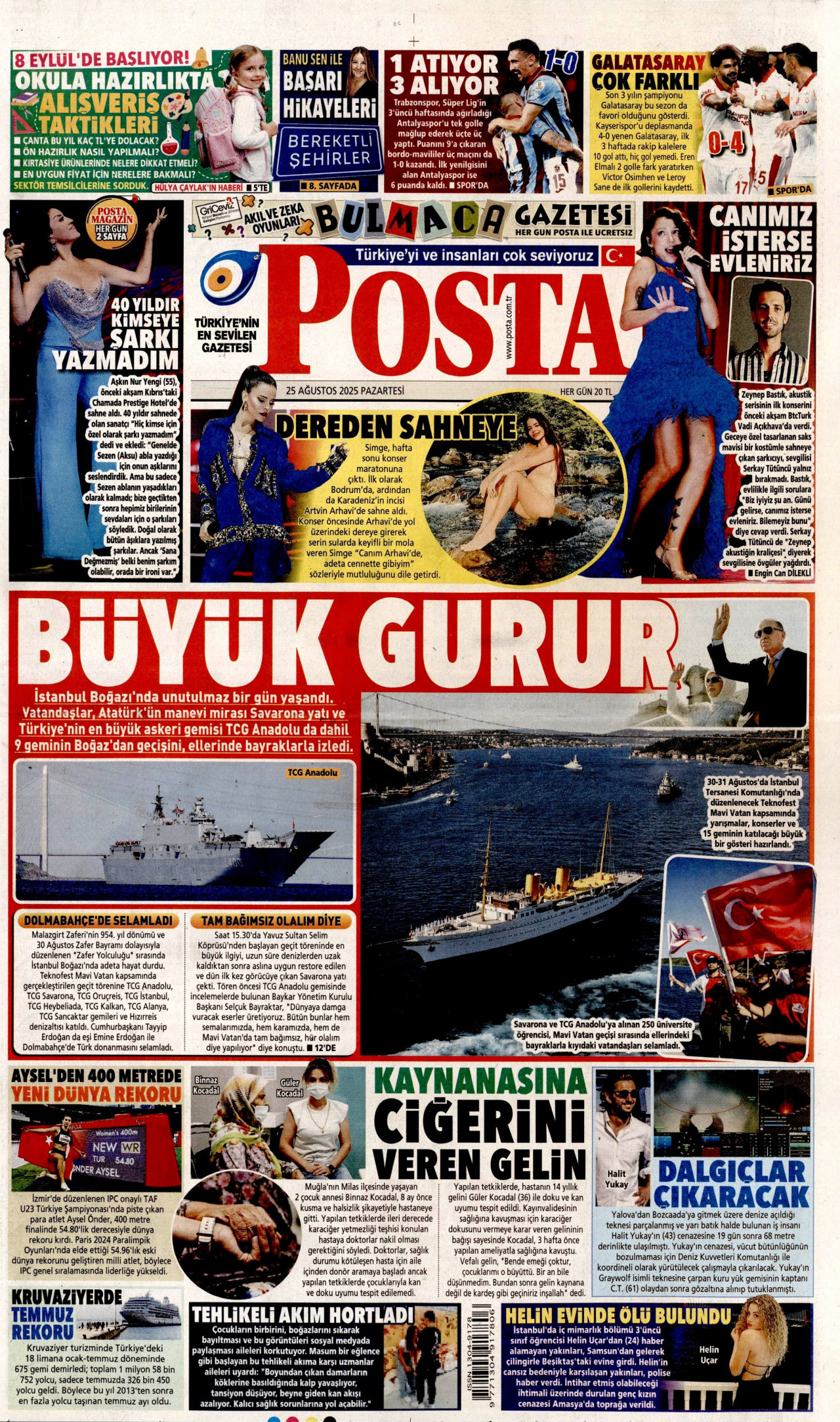 POSTA gazetesinin 25 Ağustos 2025 tarihli birinci sayfası