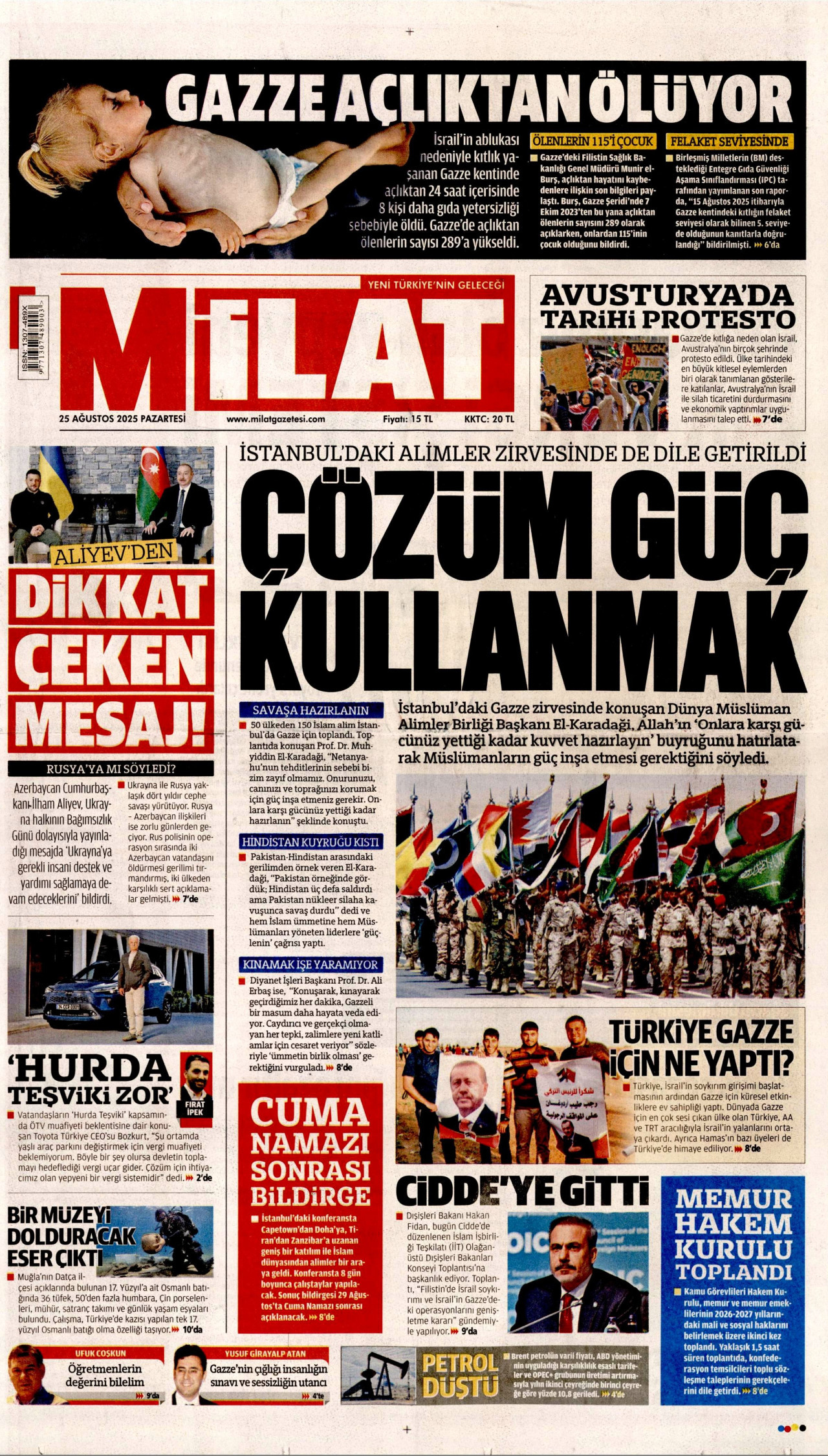 MİLAT gazetesinin 25 Ağustos 2025 tarihli birinci sayfası