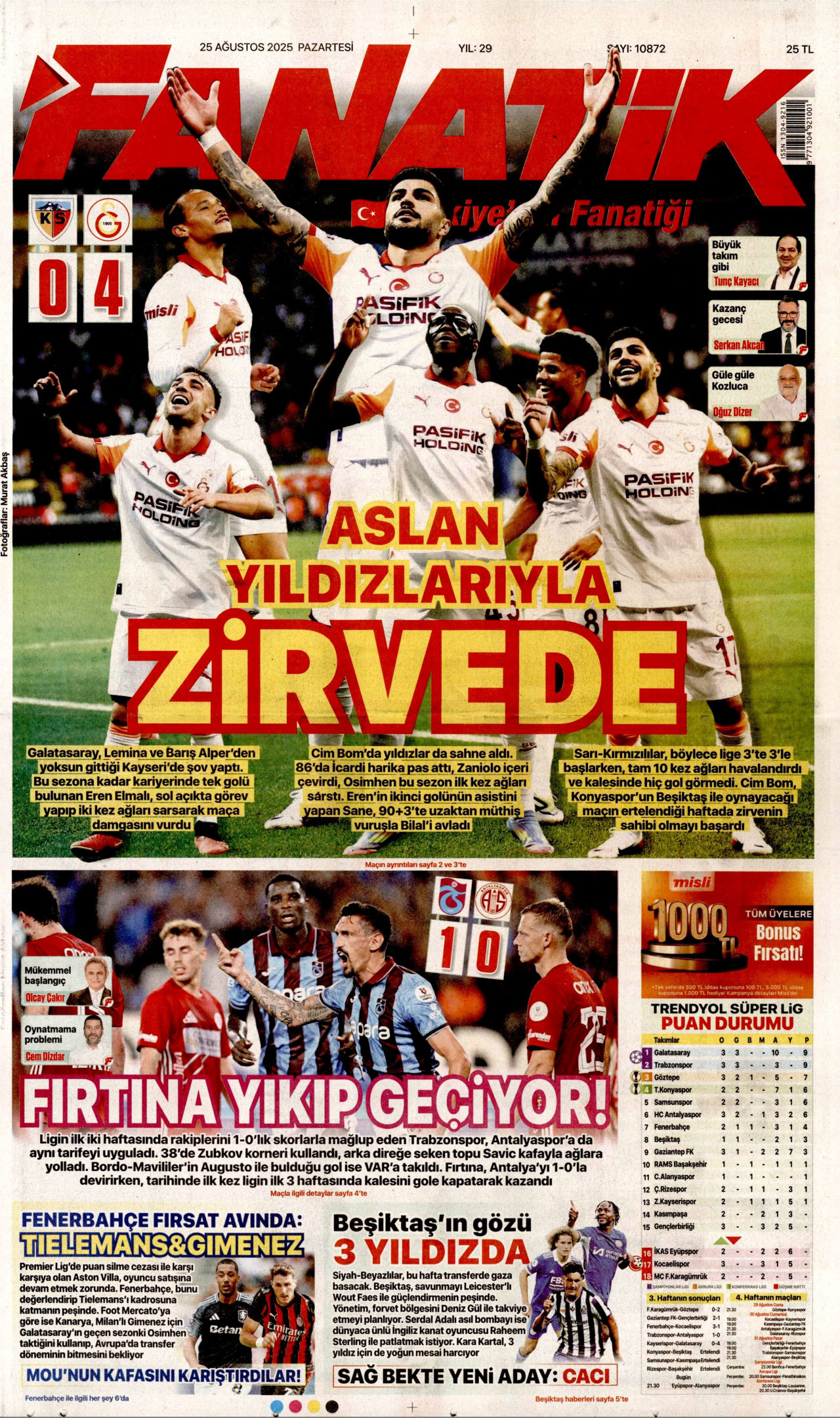 FANATİK gazetesinin 25 Ağustos 2025 tarihli birinci sayfası