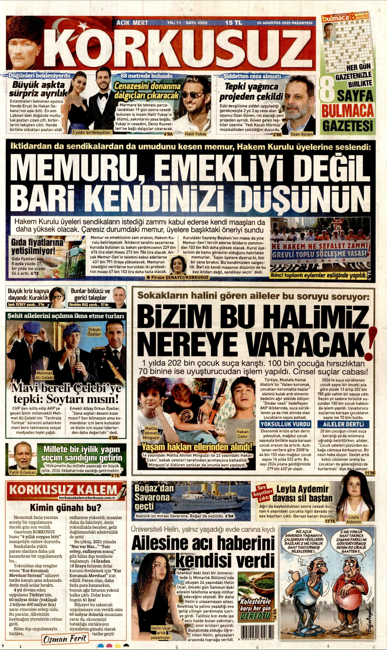 KORKUSUZ gazetesinin 25 Ağustos 2025 tarihli birinci sayfası