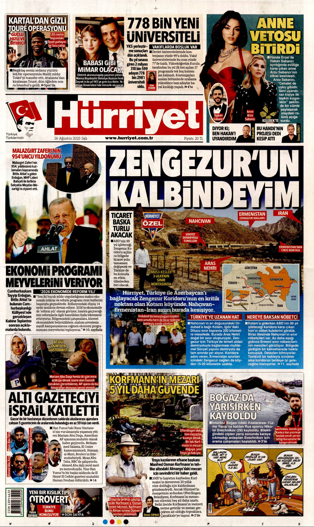 HÜRRİYET gazetesinin 26 Ağustos 2025 tarihli birinci sayfası
