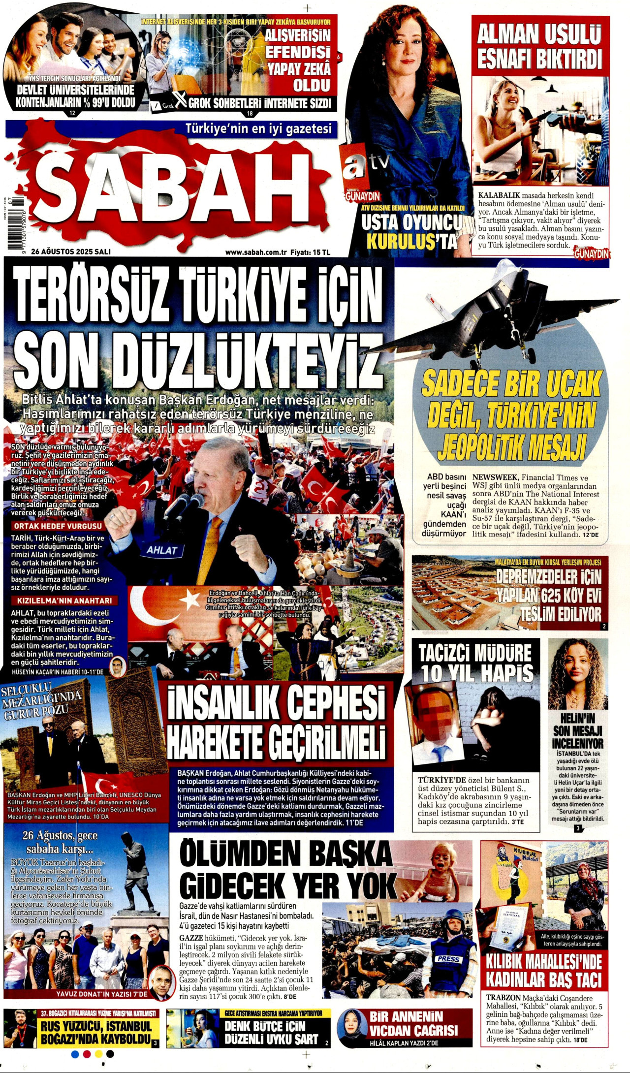 SABAH gazetesinin 26 Ağustos 2025 tarihli birinci sayfası