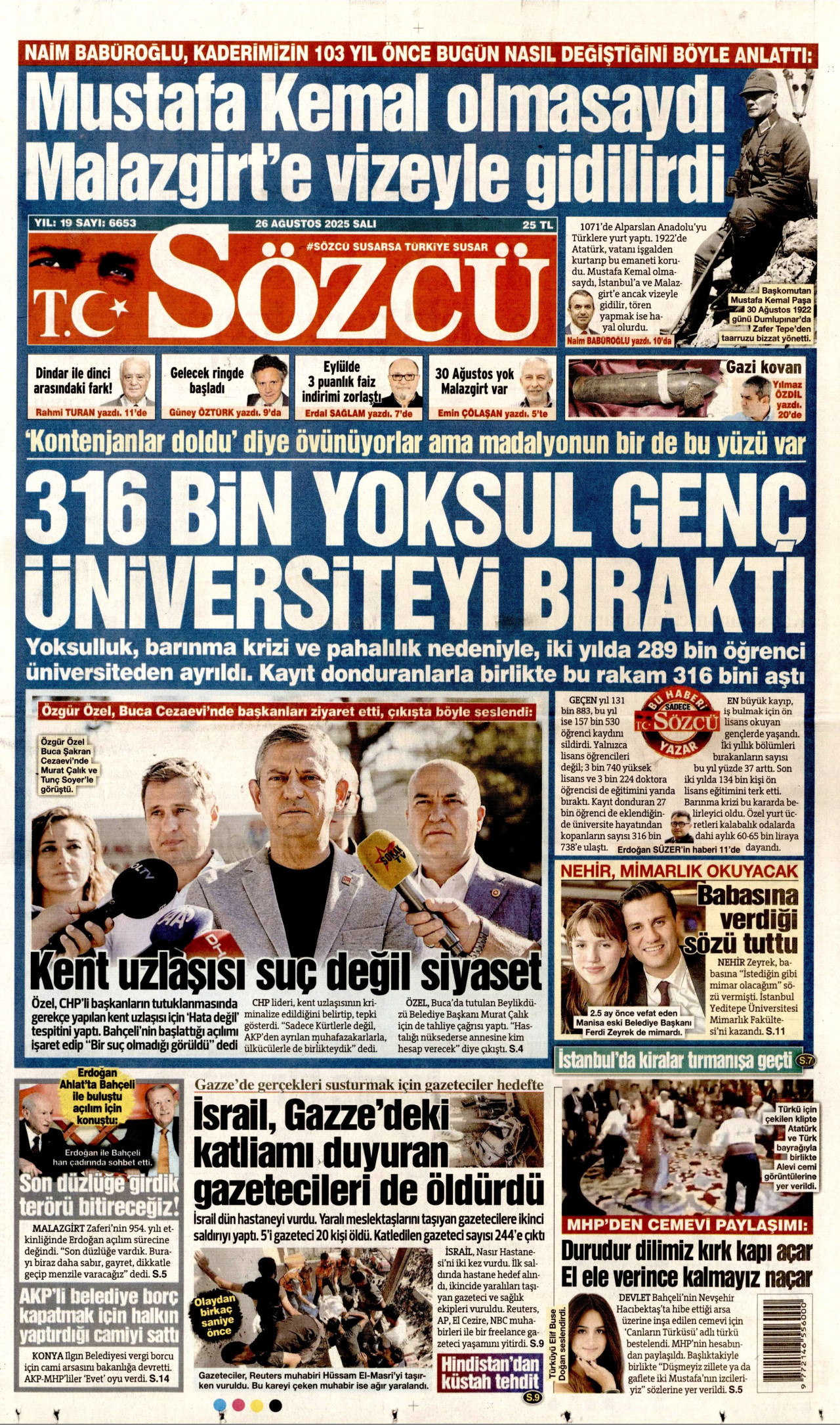 SÖZCÜ gazetesinin 26 Ağustos 2025 tarihli birinci sayfası