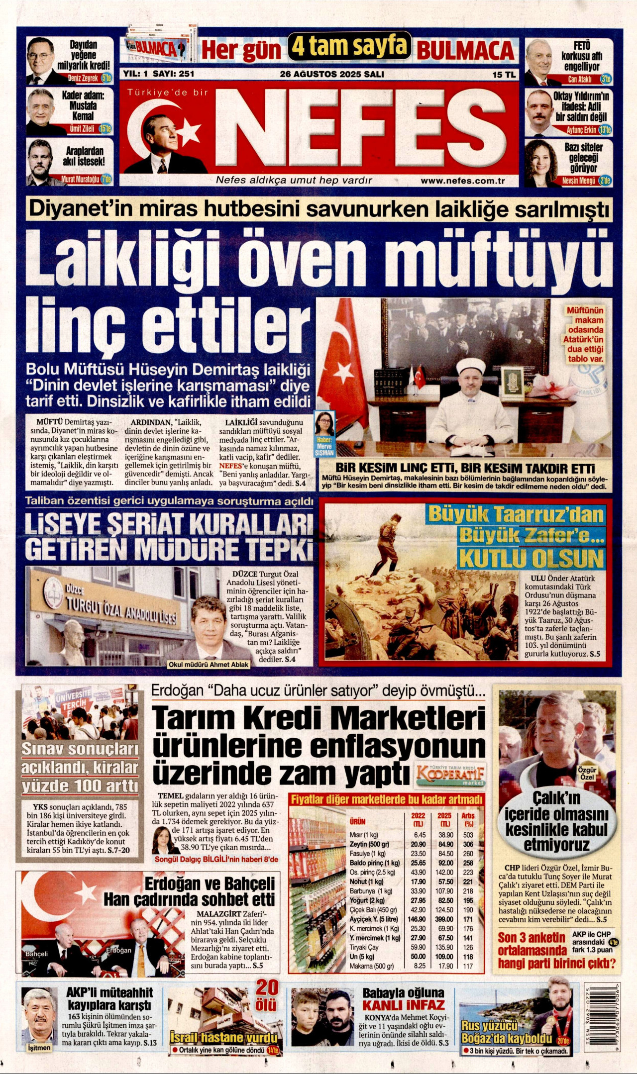 NEFES gazetesinin 26 Ağustos 2025 tarihli birinci sayfası