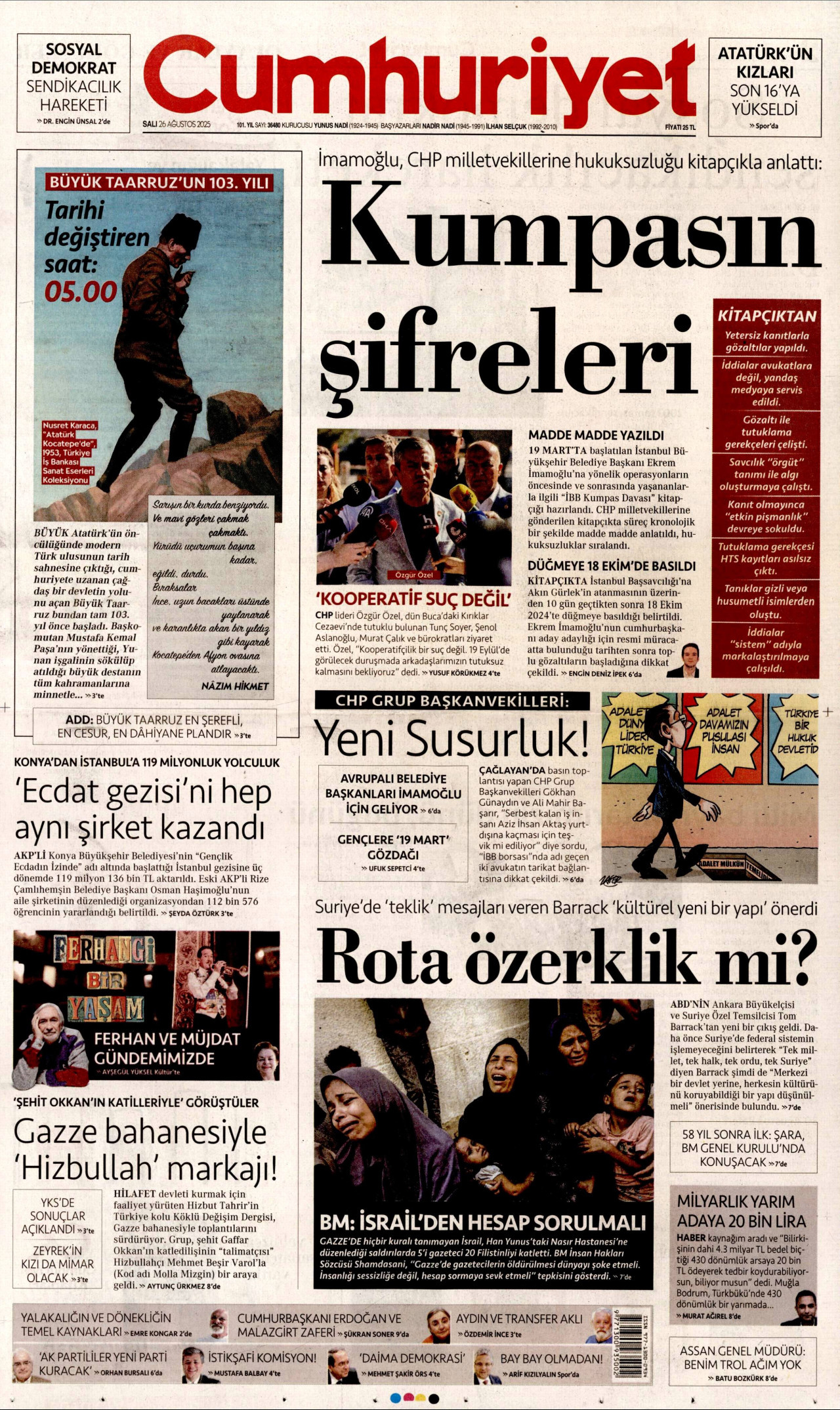 CUMHURİYET gazetesinin 26 Ağustos 2025 tarihli birinci sayfası