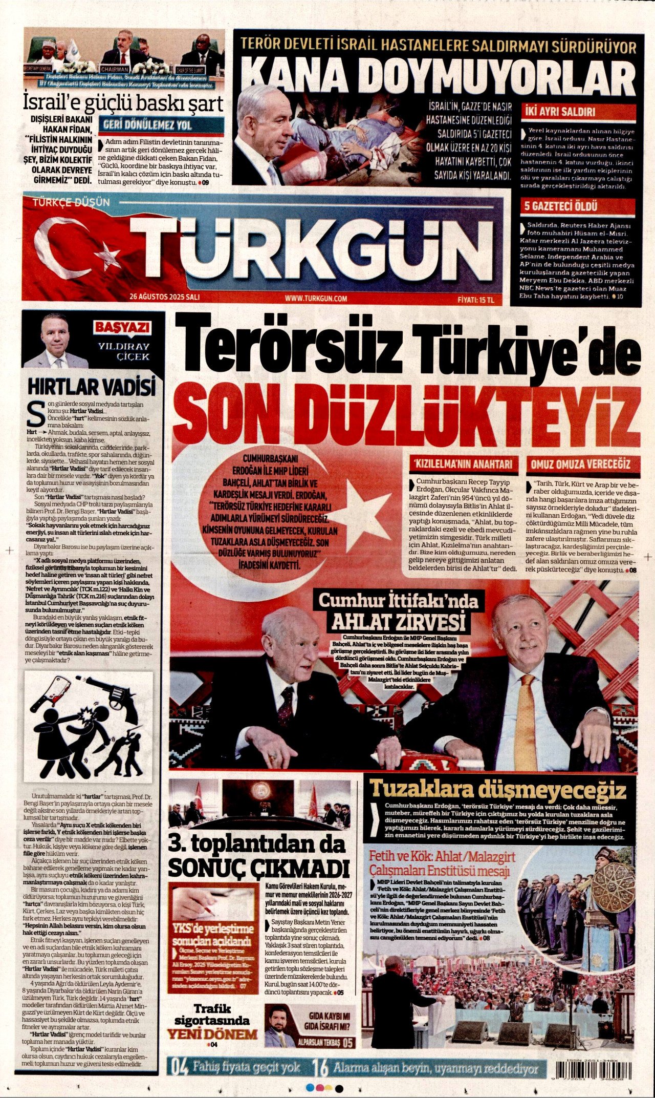 TÜRKGÜN gazetesinin 26 Ağustos 2025 tarihli birinci sayfası