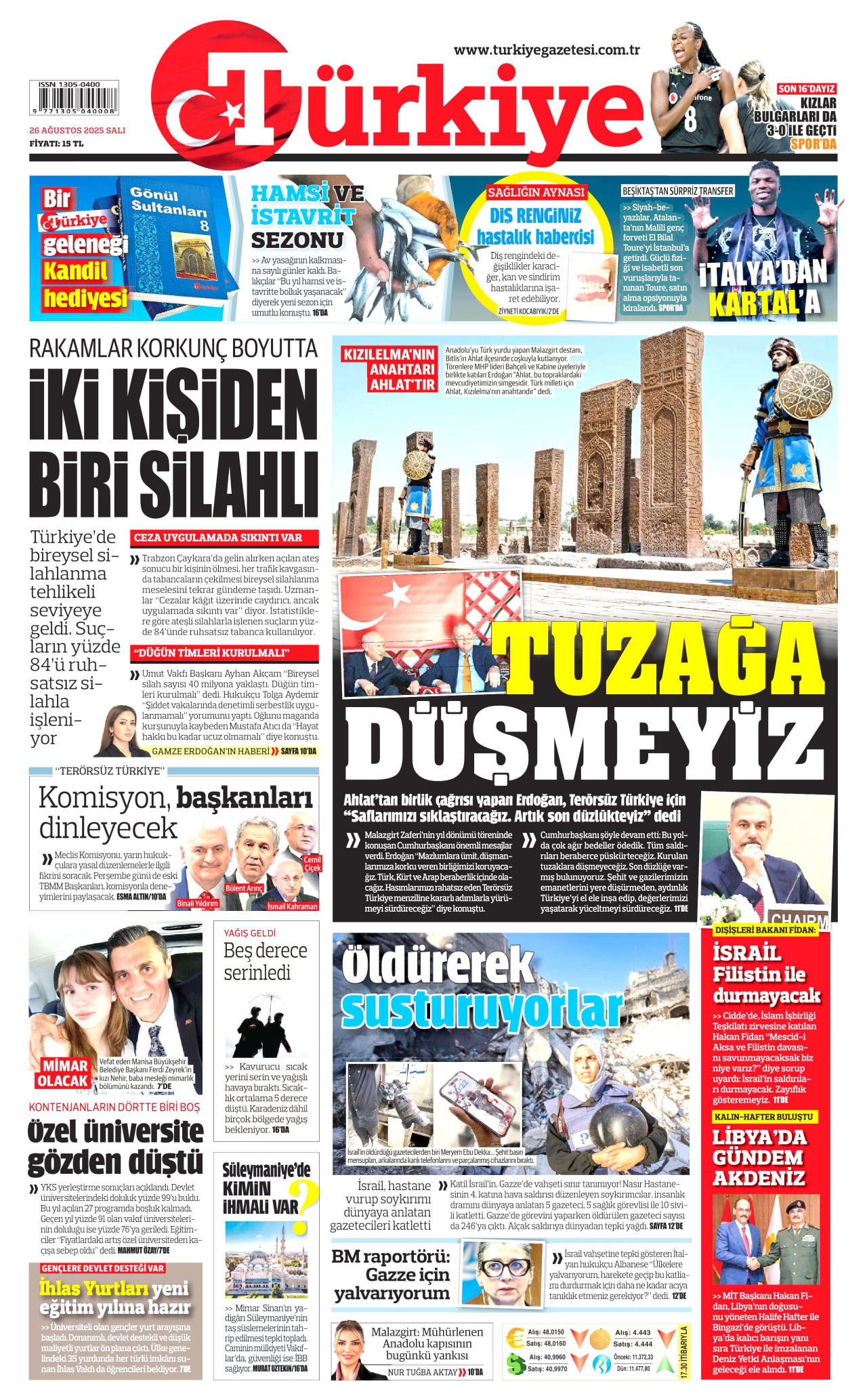 TÜRKİYE GAZETESİ gazetesinin 26 Ağustos 2025 tarihli birinci sayfası