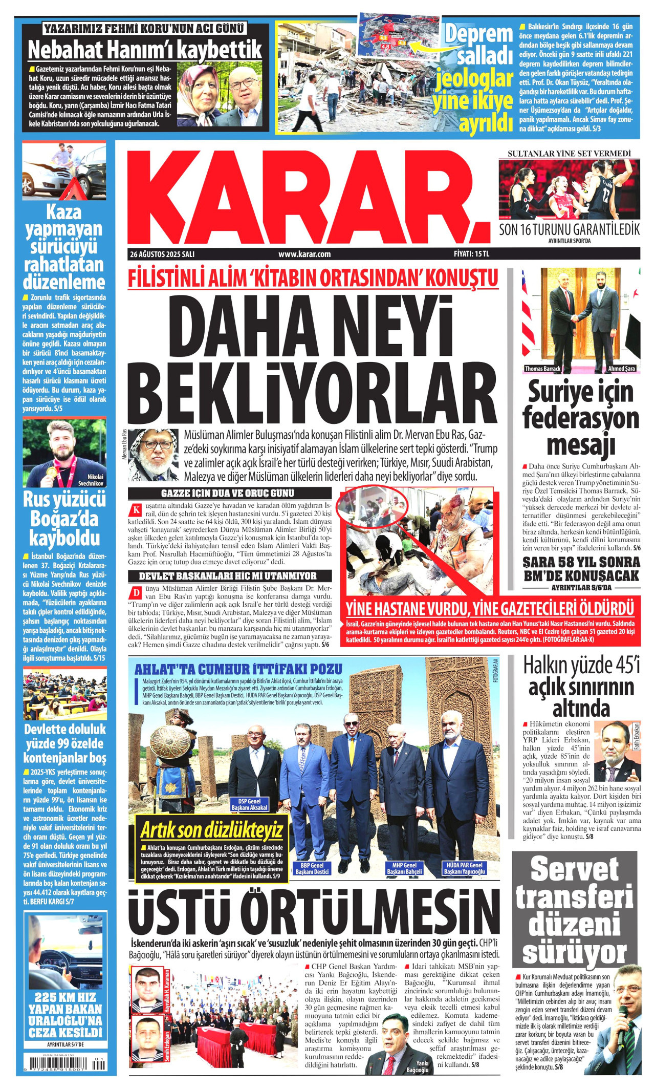 KARAR gazetesinin 26 Ağustos 2025 tarihli birinci sayfası