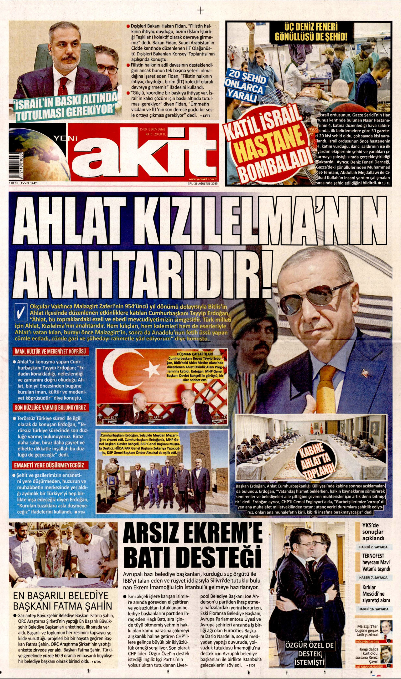 YENİ AKİT gazetesinin 26 Ağustos 2025 tarihli birinci sayfası