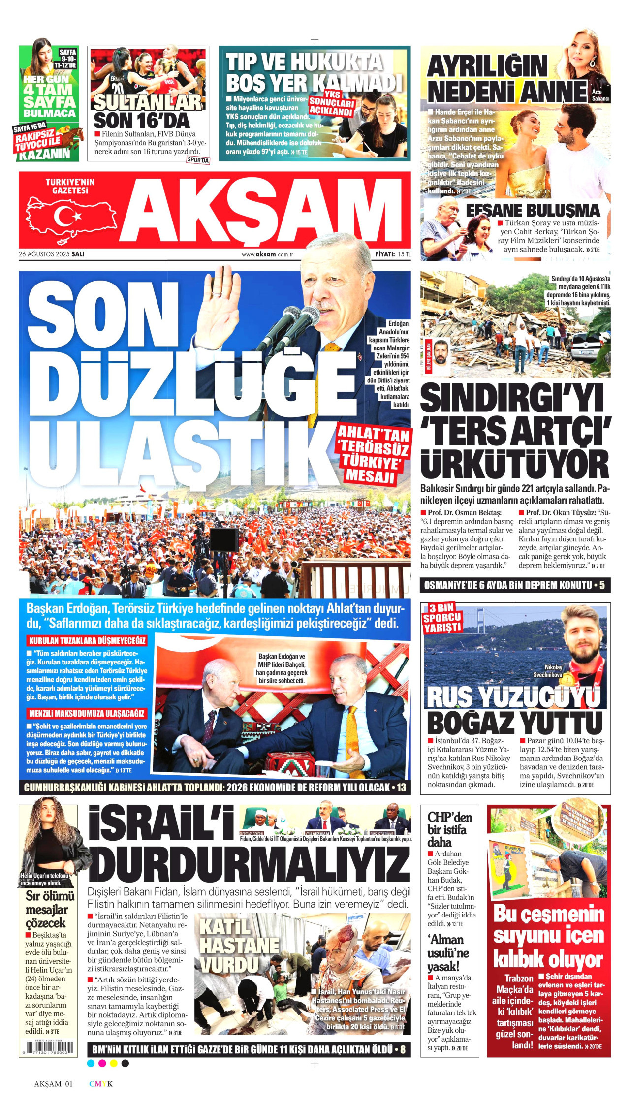 AKŞAM gazetesinin 26 Ağustos 2025 tarihli birinci sayfası