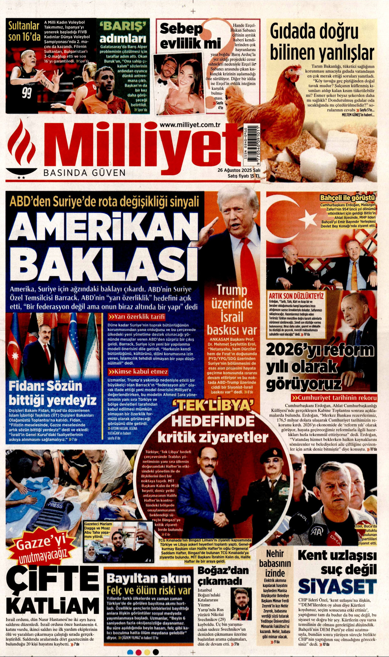 MİLLİYET gazetesinin 26 Ağustos 2025 tarihli birinci sayfası