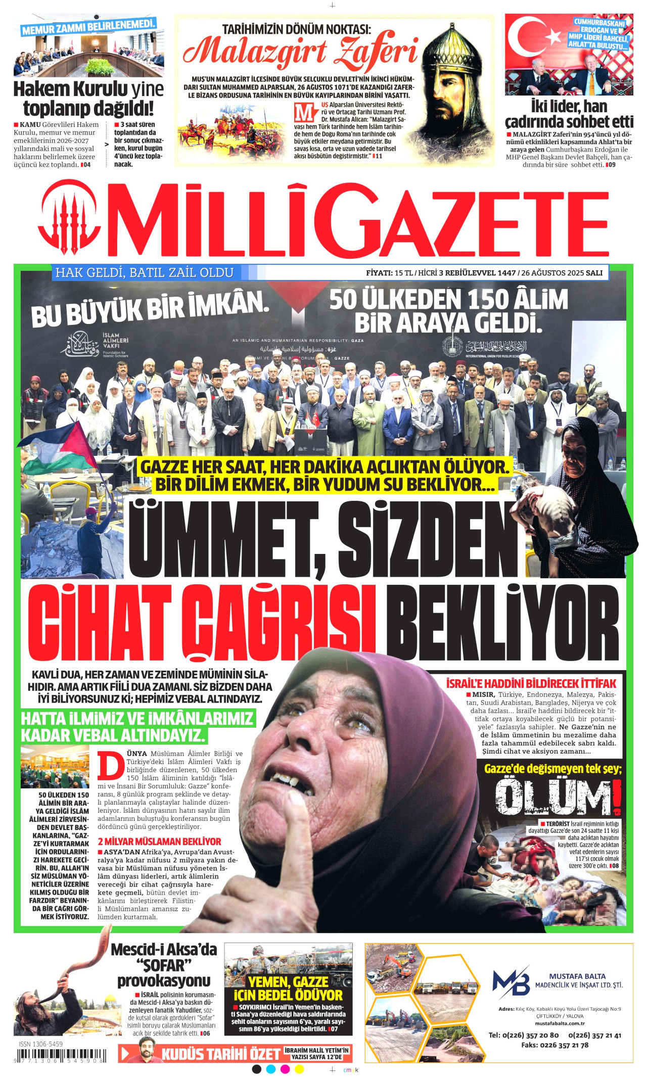 MİLLİ GAZETE gazetesinin 26 Ağustos 2025 tarihli birinci sayfası