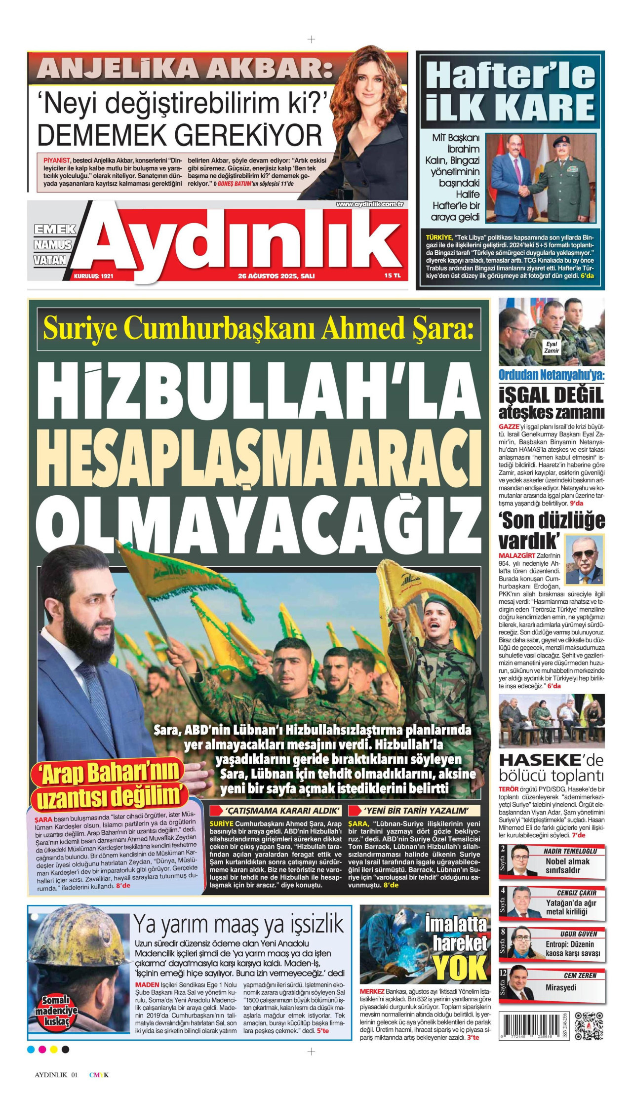 AYDINLIK GAZETESİ gazetesinin 26 Ağustos 2025 tarihli birinci sayfası