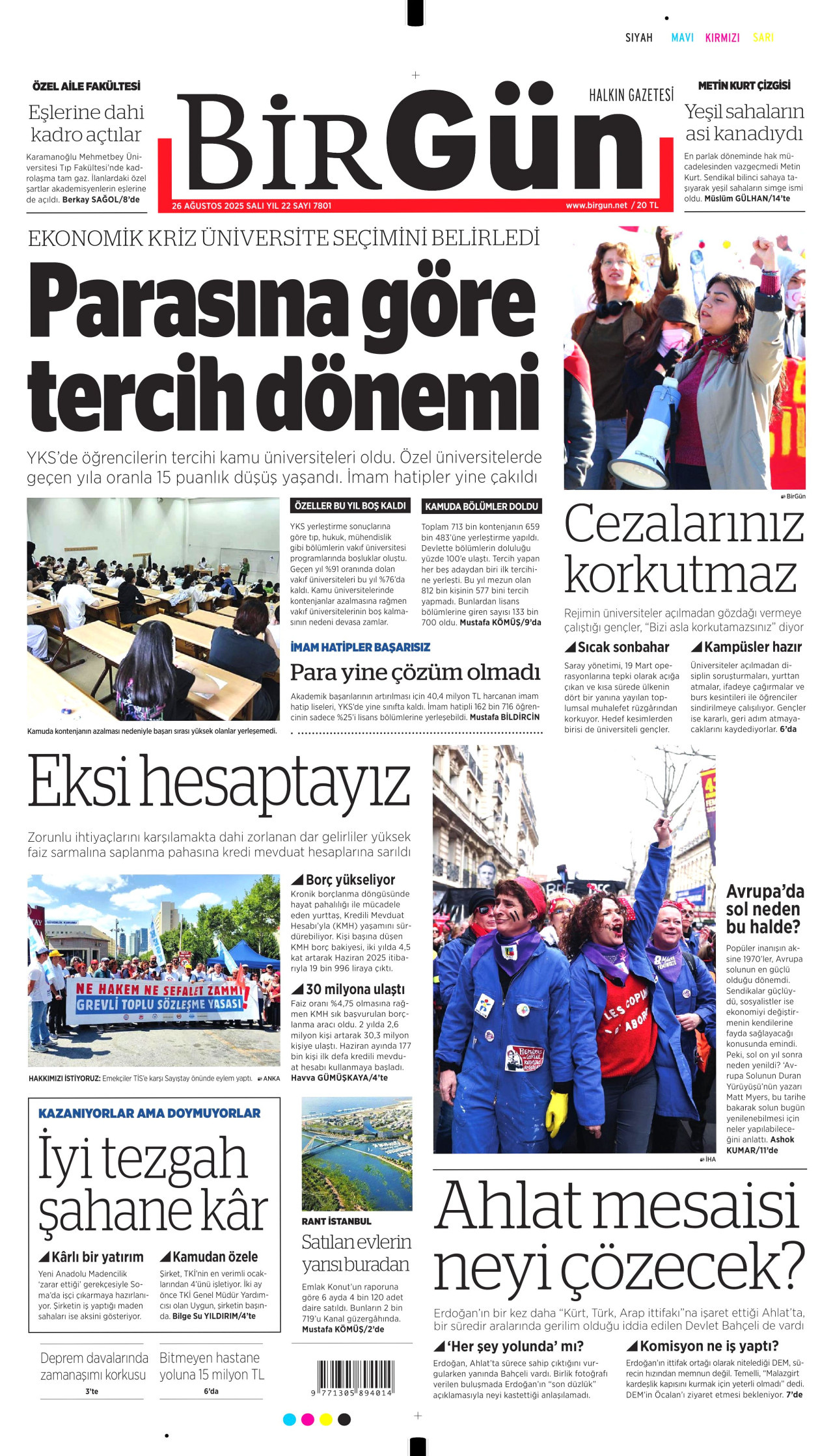 BİRGÜN gazetesinin 26 Ağustos 2025 tarihli birinci sayfası
