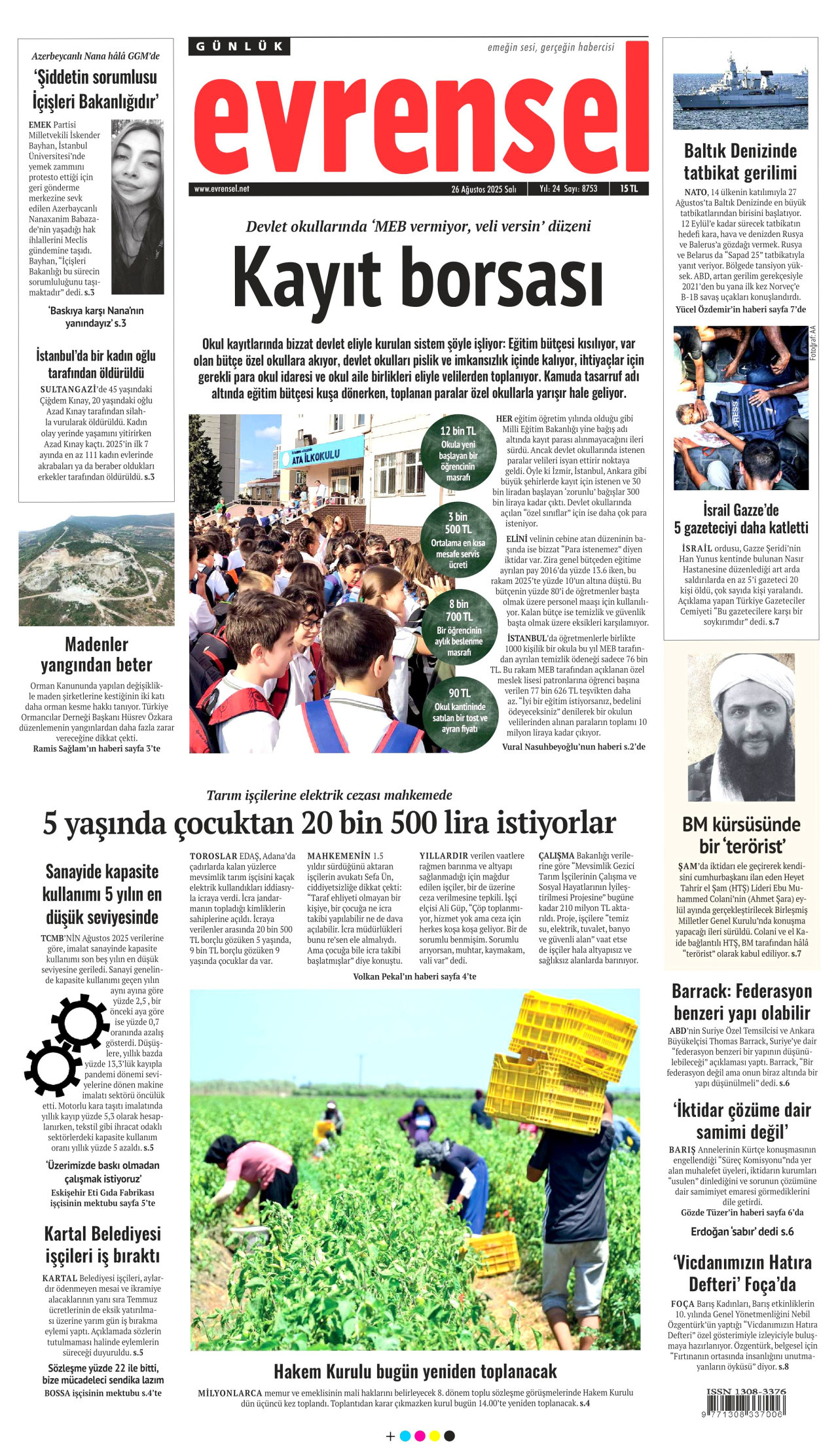 EVRENSEL gazetesinin 26 Ağustos 2025 tarihli birinci sayfası