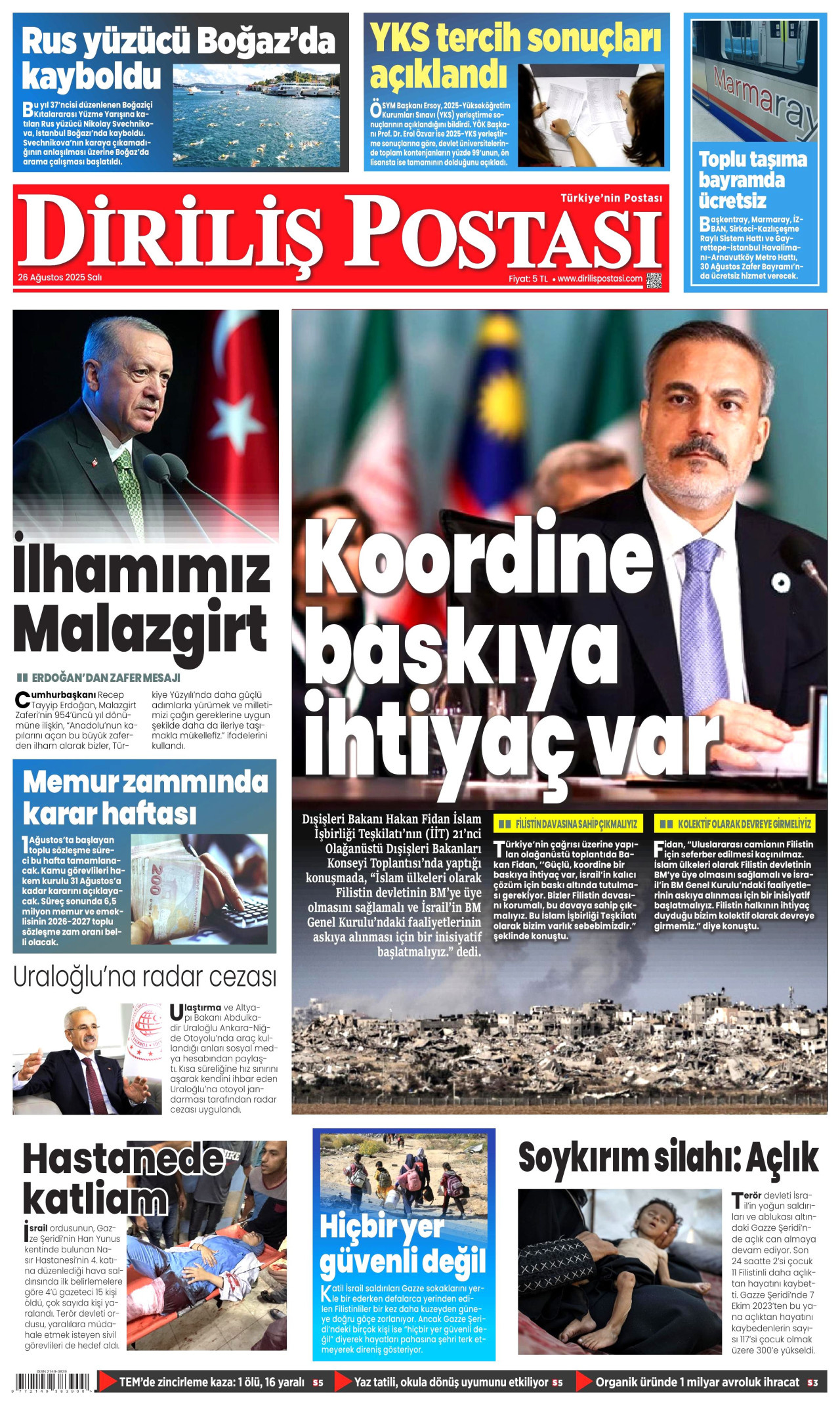 DİRİLİŞ POSTASI gazetesinin 26 Ağustos 2025 tarihli birinci sayfası