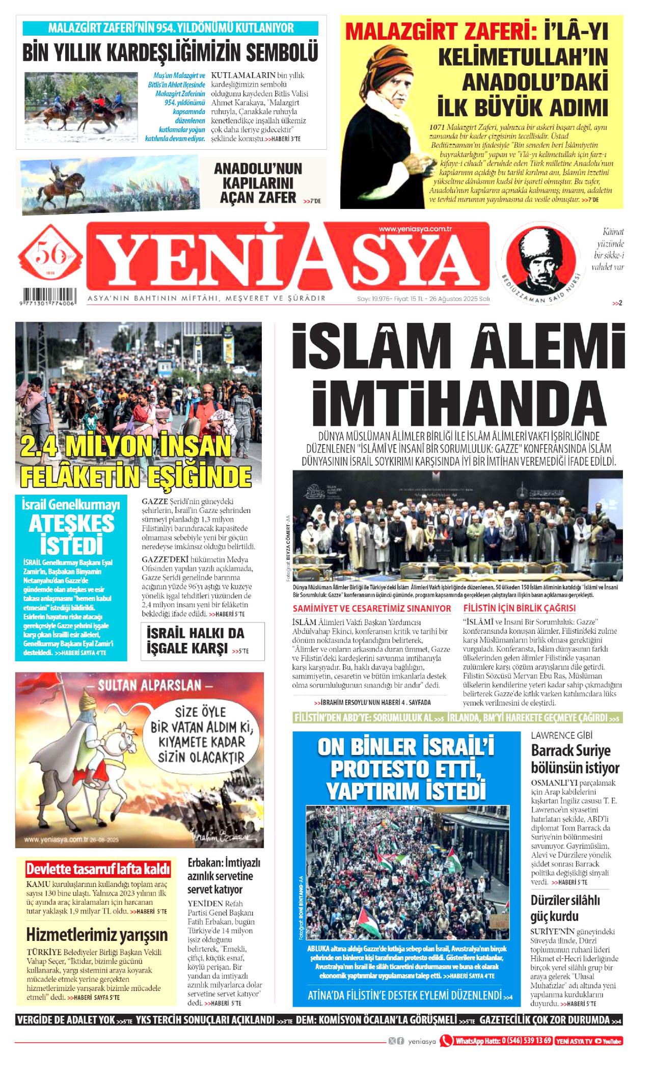 YENİ ASYA gazetesinin 26 Ağustos 2025 tarihli birinci sayfası