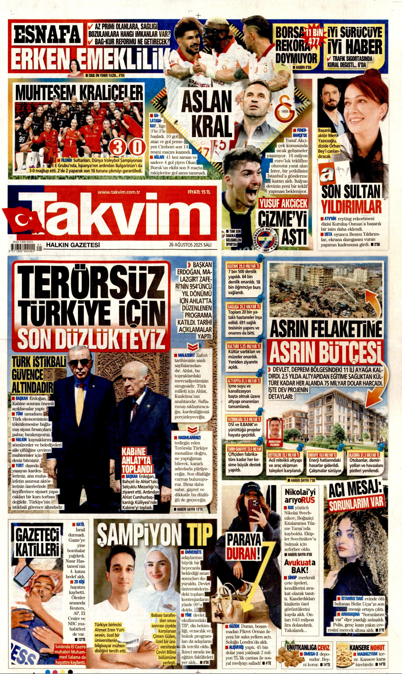 TAKVİM gazetesinin 26 Ağustos 2025 tarihli birinci sayfası