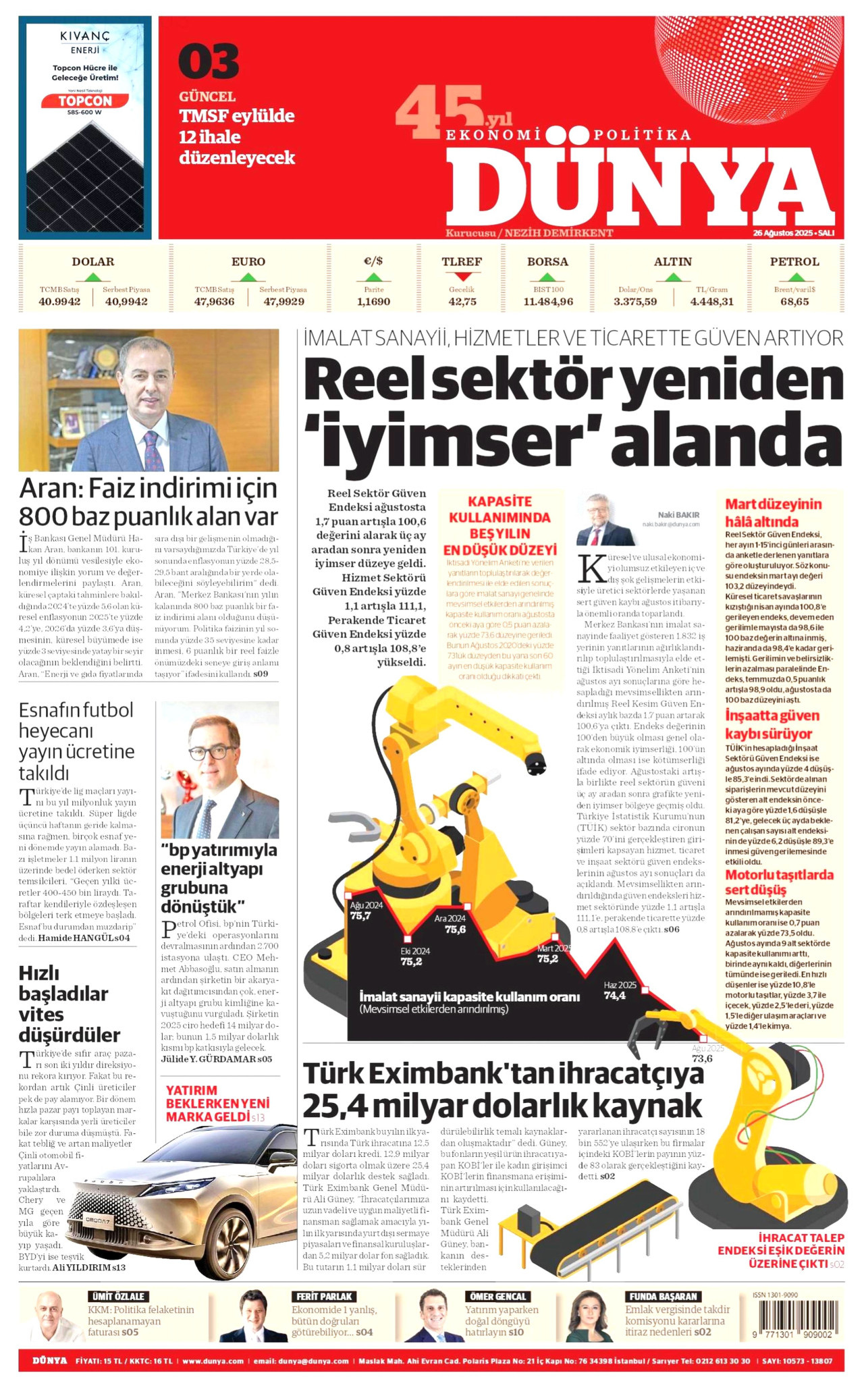 DÜNYA gazetesinin 26 Ağustos 2025 tarihli birinci sayfası