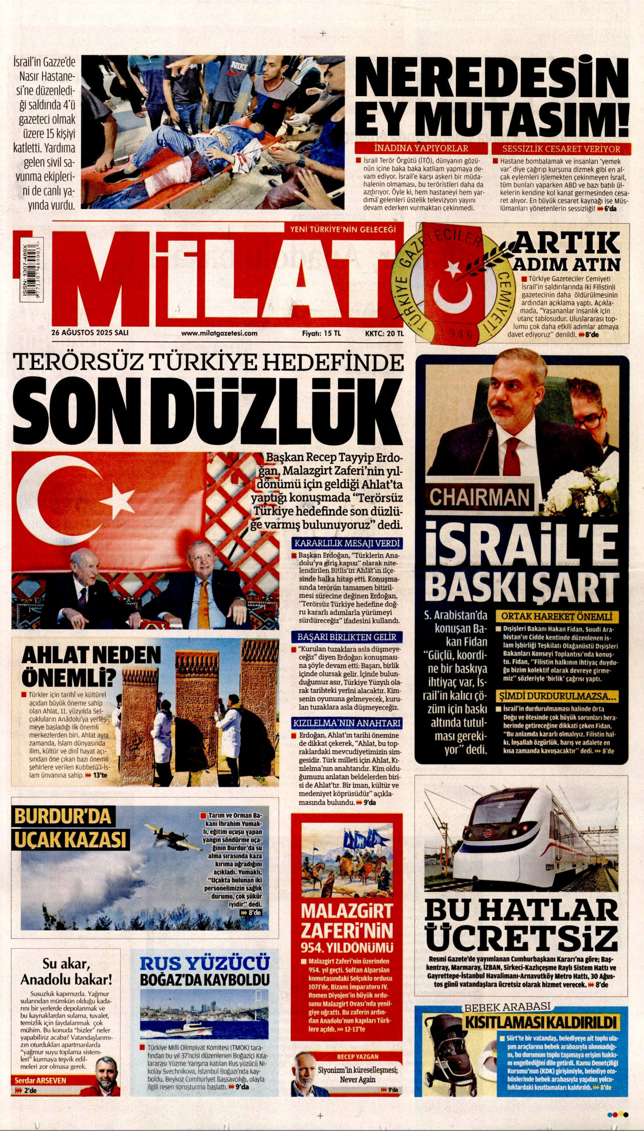 MİLAT gazetesinin 26 Ağustos 2025 tarihli birinci sayfası
