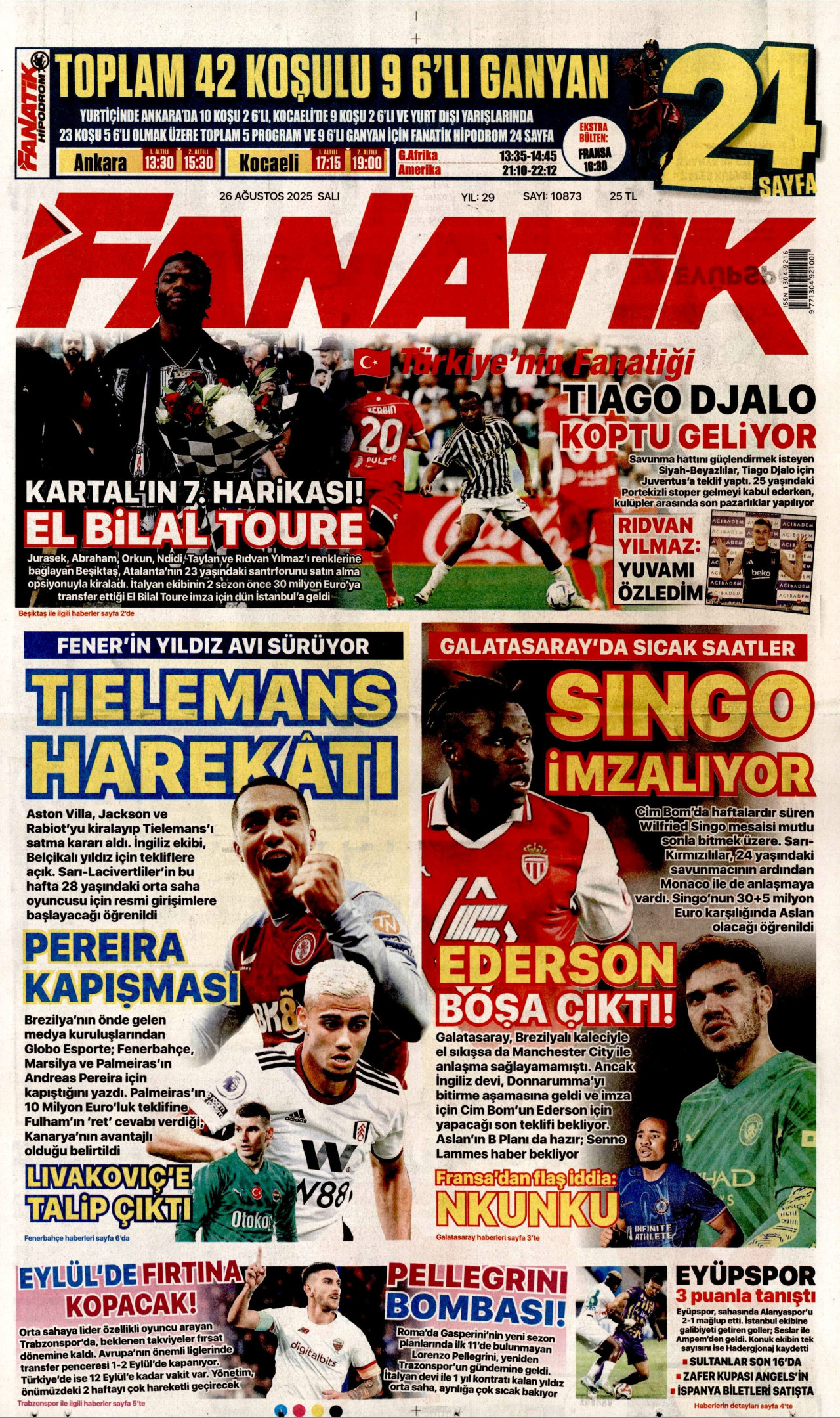 FANATİK gazetesinin 26 Ağustos 2025 tarihli birinci sayfası