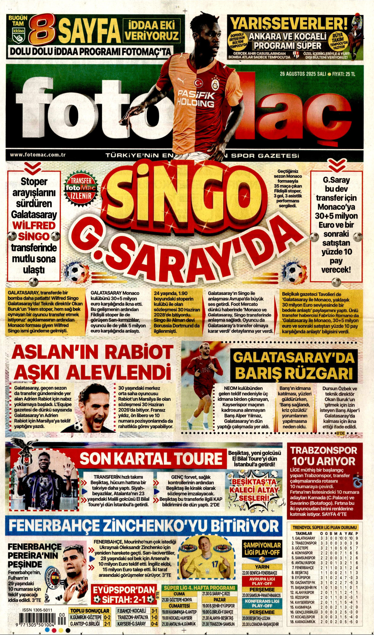 FOTOMAÇ gazetesinin 26 Ağustos 2025 tarihli birinci sayfası