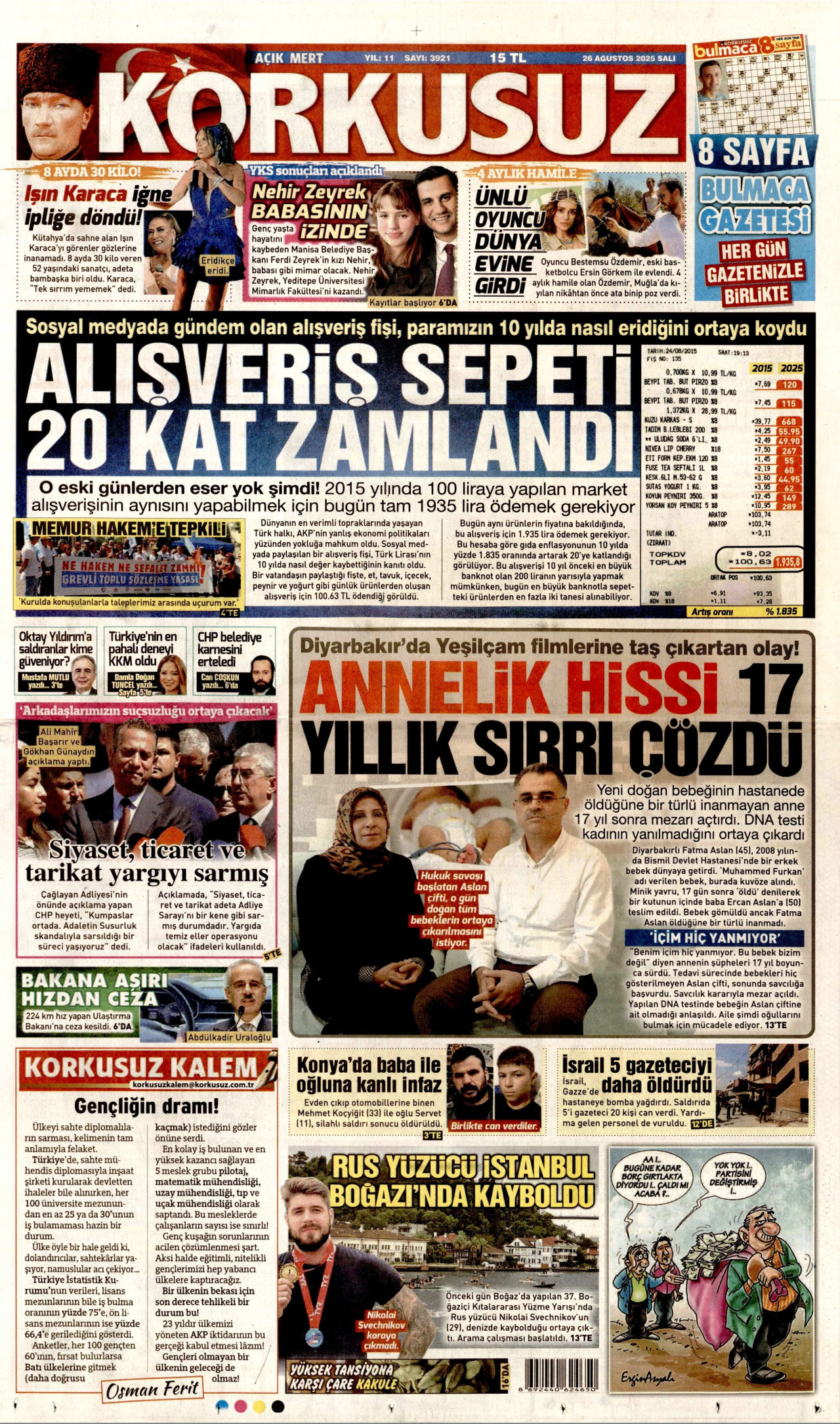 KORKUSUZ gazetesinin 26 Ağustos 2025 tarihli birinci sayfası