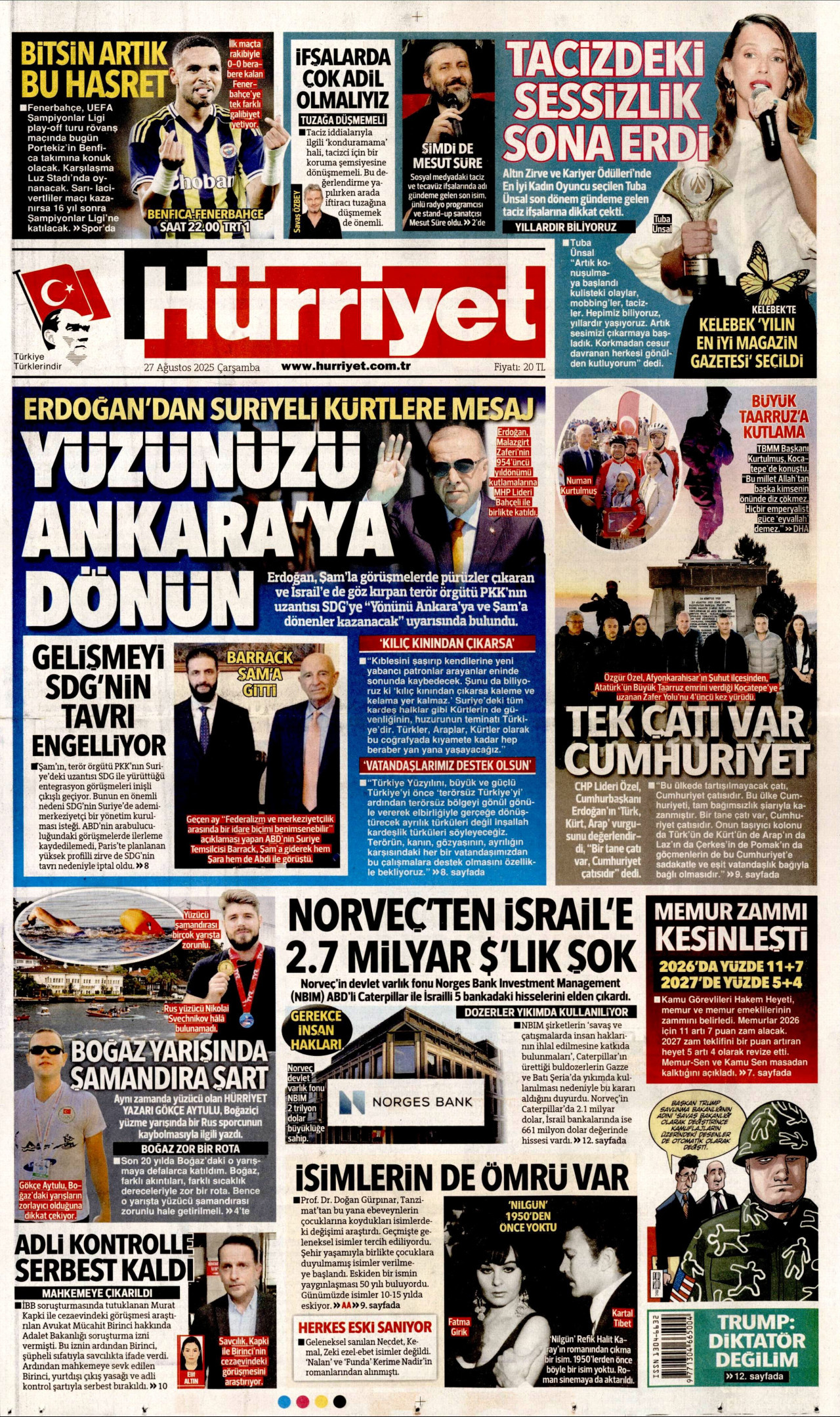 HÜRRİYET gazetesinin 27 Ağustos 2025 tarihli birinci sayfası