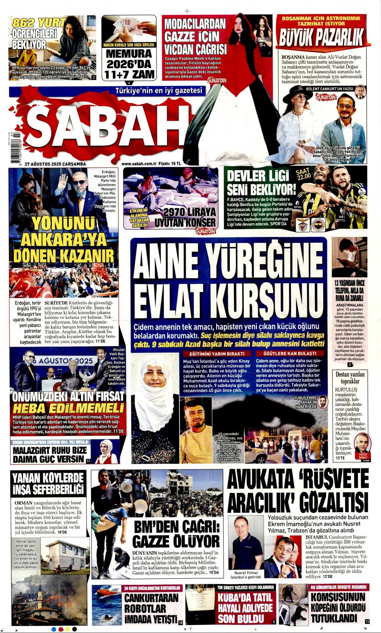 SABAH gazetesinin 27 Ağustos 2025 tarihli birinci sayfası