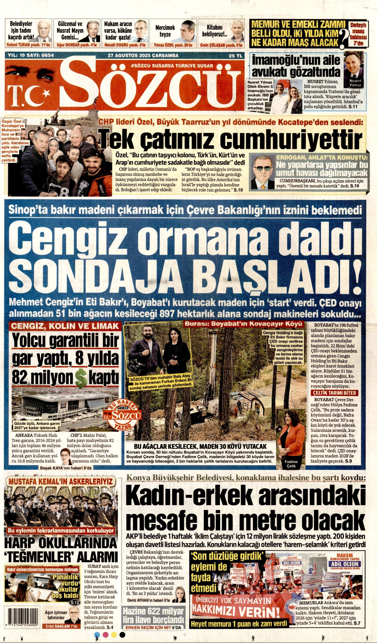 SÖZCÜ gazetesinin 27 Ağustos 2025 tarihli birinci sayfası