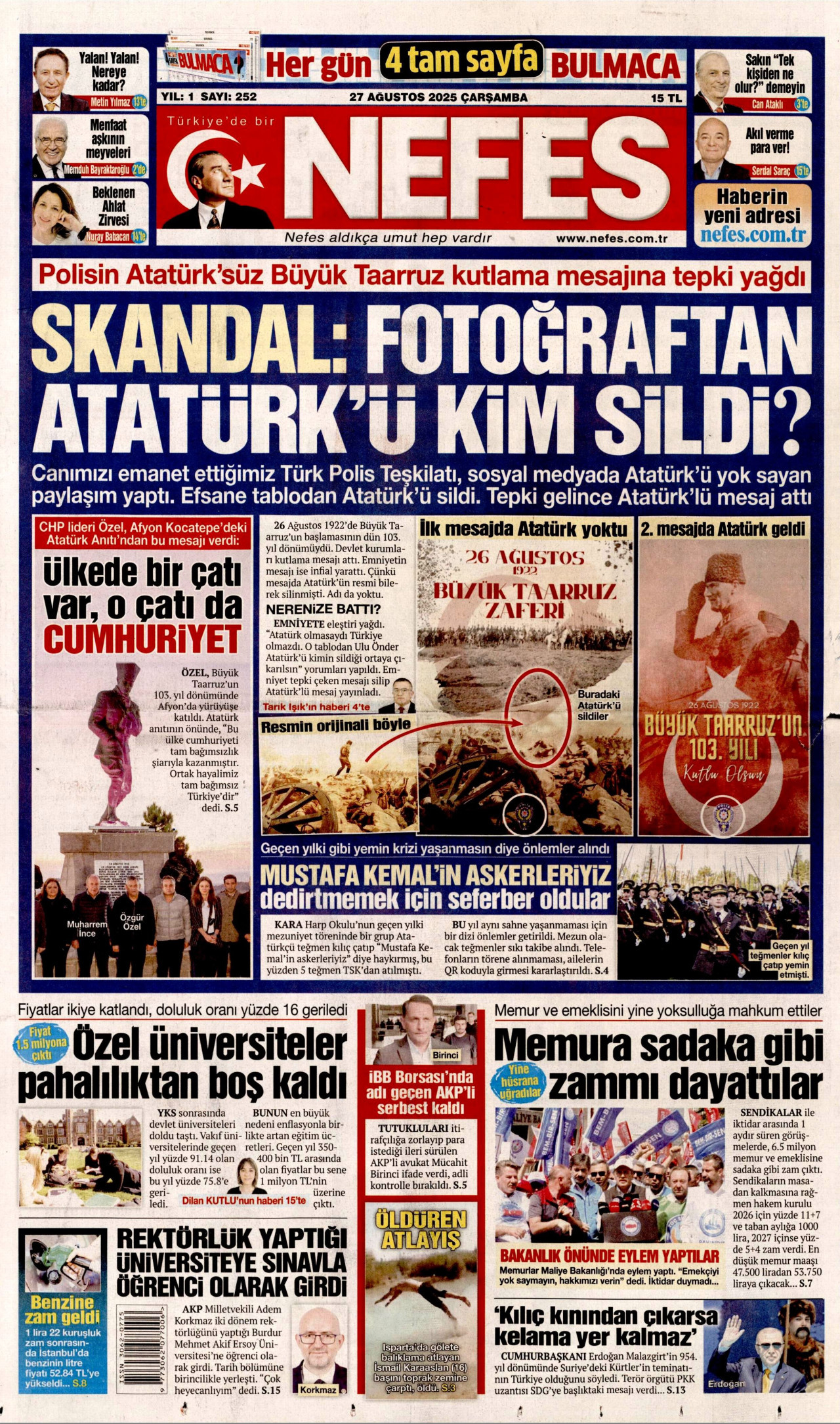 NEFES gazetesinin 27 Ağustos 2025 tarihli birinci sayfası