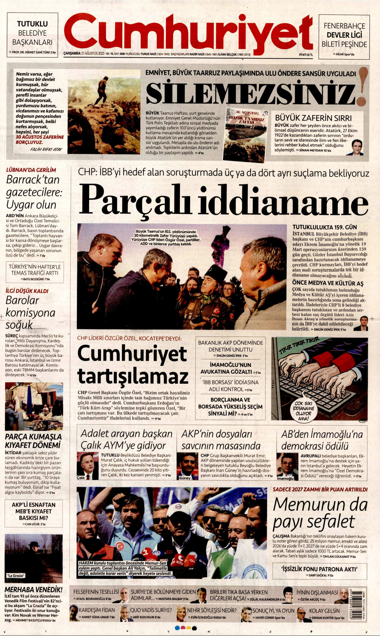 CUMHURİYET gazetesinin 27 Ağustos 2025 tarihli birinci sayfası