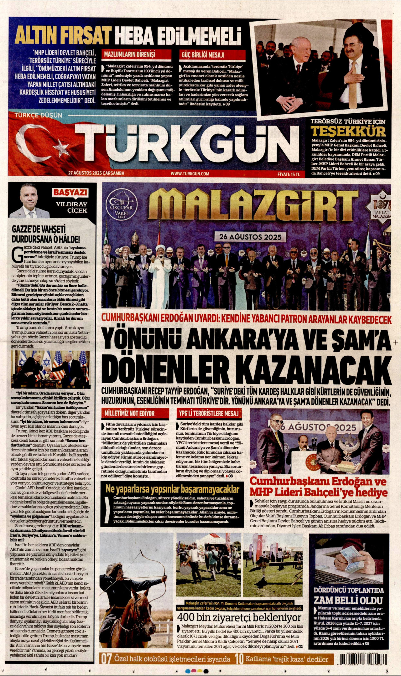 TÜRKGÜN gazetesinin 27 Ağustos 2025 tarihli birinci sayfası