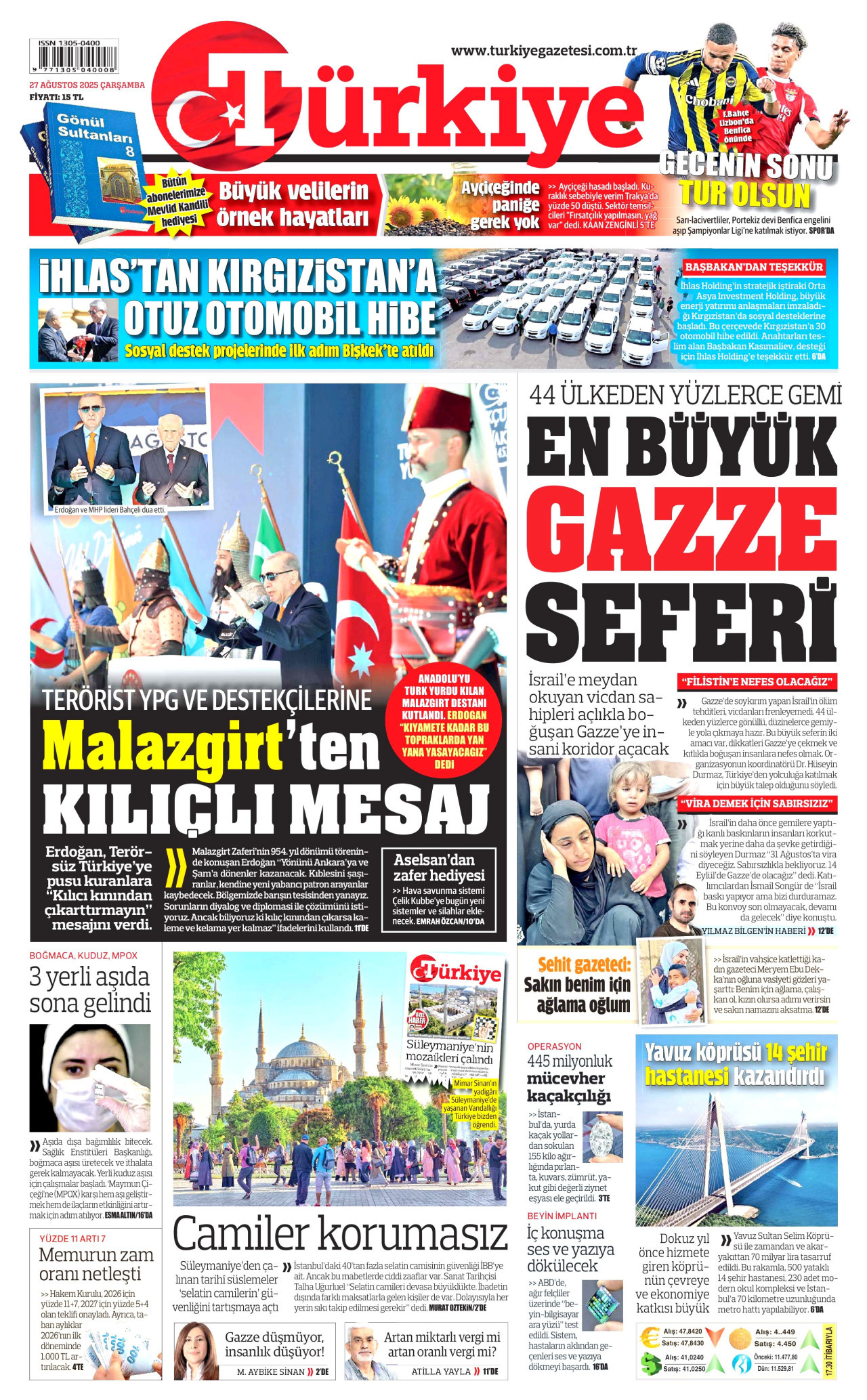 TÜRKİYE GAZETESİ gazetesinin 27 Ağustos 2025 tarihli birinci sayfası