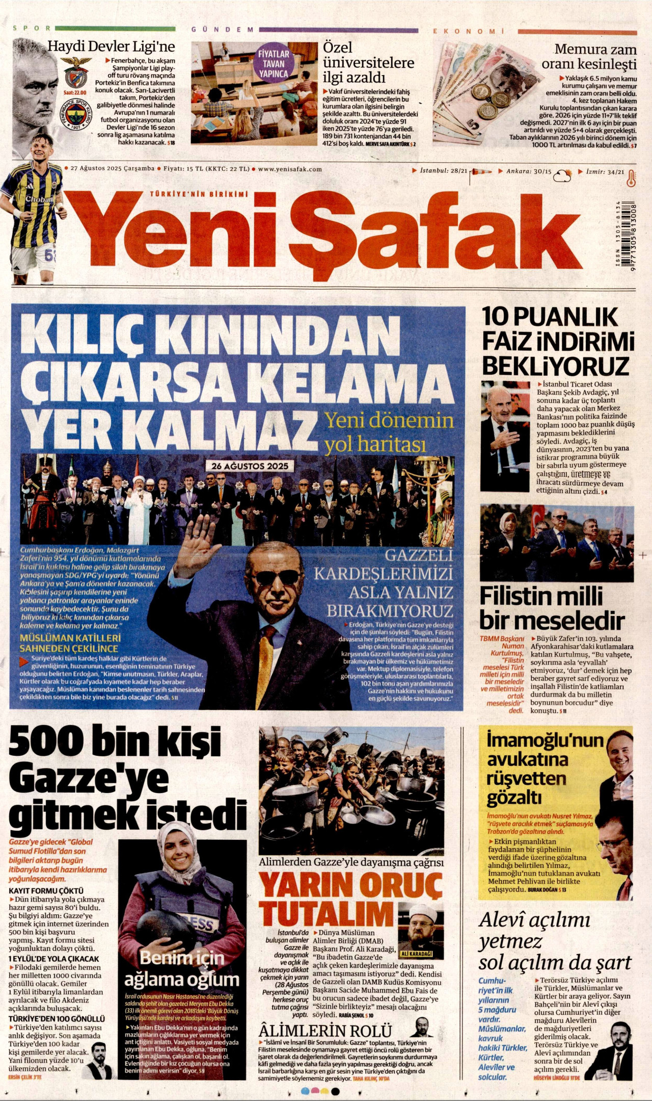 YENİ ŞAFAK gazetesinin 27 Ağustos 2025 tarihli birinci sayfası