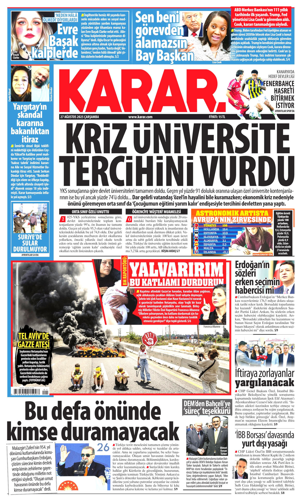 KARAR gazetesinin 27 Ağustos 2025 tarihli birinci sayfası