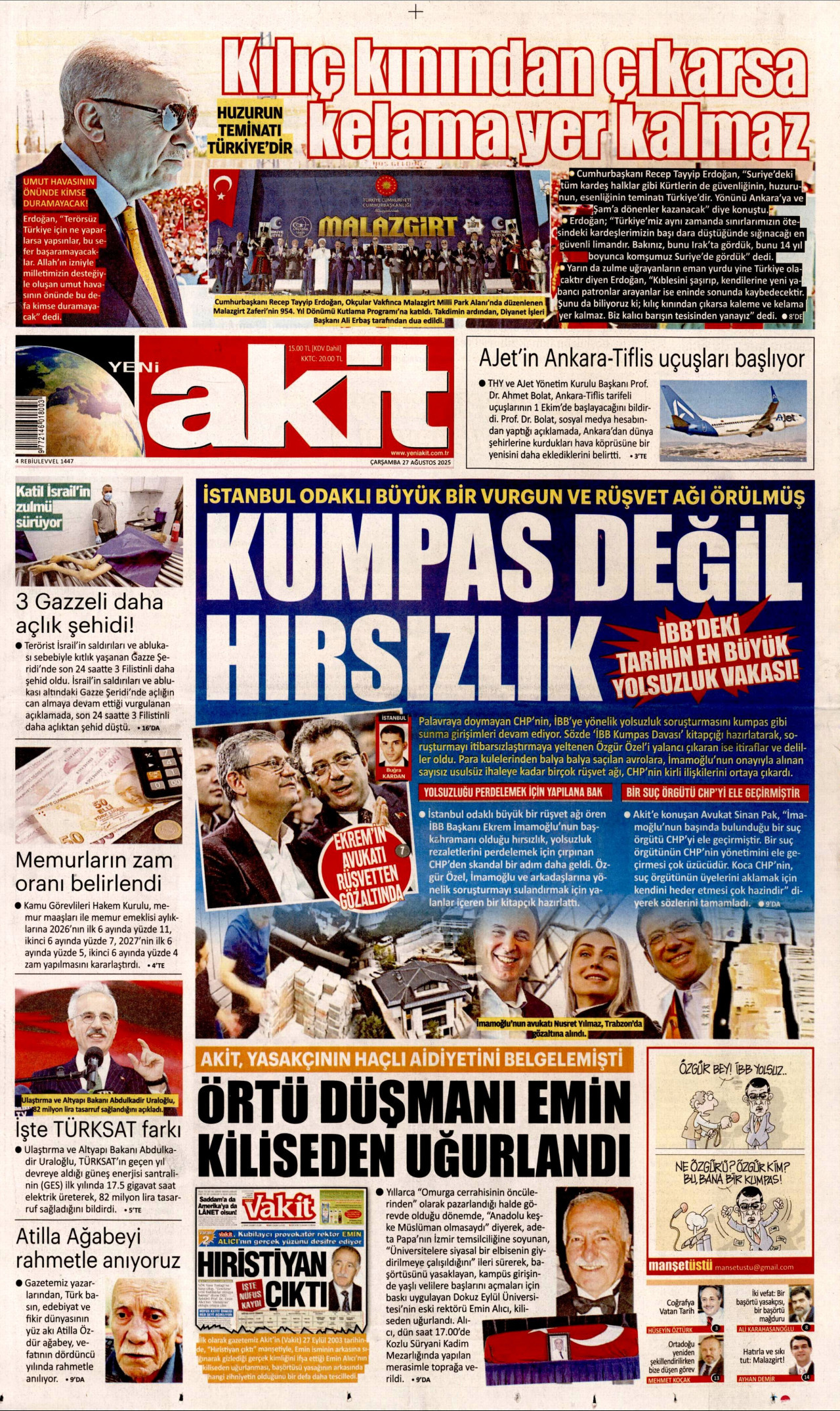 YENİ AKİT gazetesinin 27 Ağustos 2025 tarihli birinci sayfası