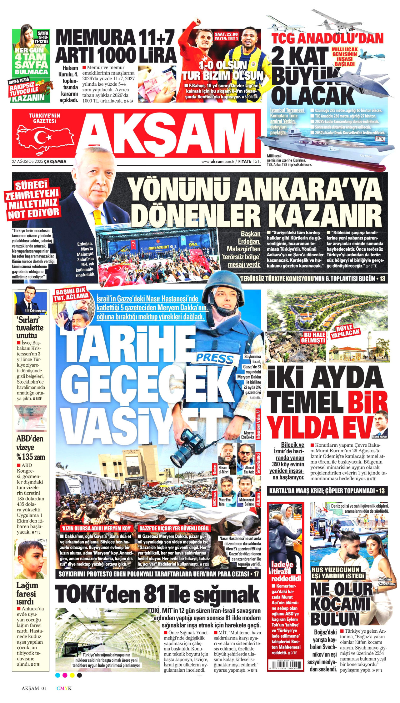 AKŞAM gazetesinin 27 Ağustos 2025 tarihli birinci sayfası